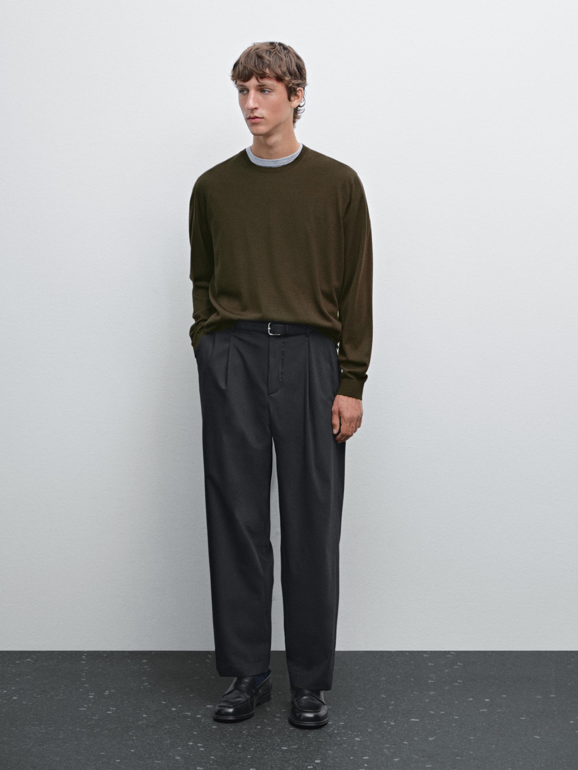 Jersey Punto 100% Lana Merino - Kaki Oscuro - S - Massimo Dutti - Hombre