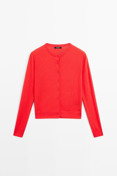 Fine-knit round neck cardigan — ORANGE 2