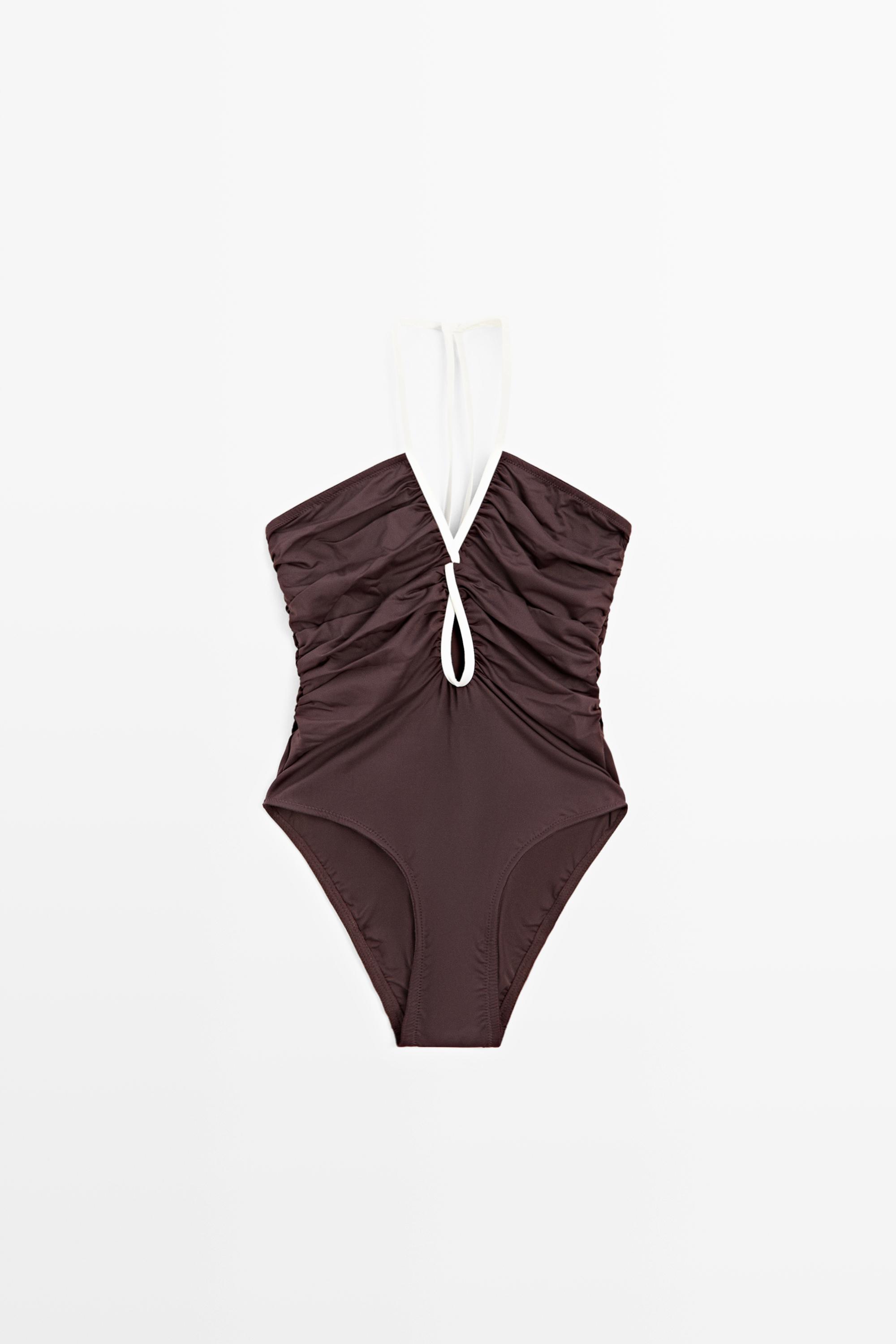 Swimsuit with contrast gathered detail — BROWN