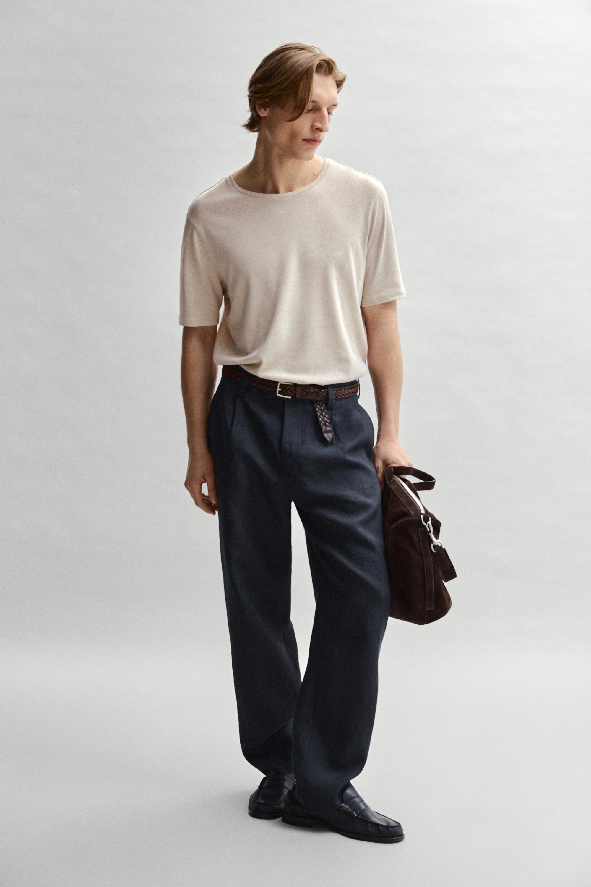 Short sleeve linen and cotton T-shirt — BROWN