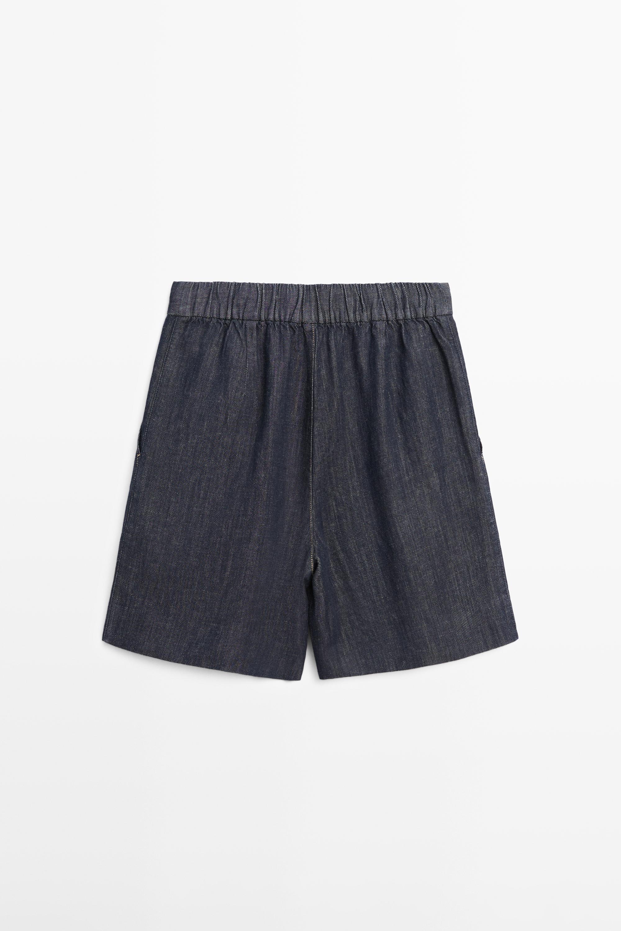 Cotton denim Bermuda shorts with topstitching · Dark Blue