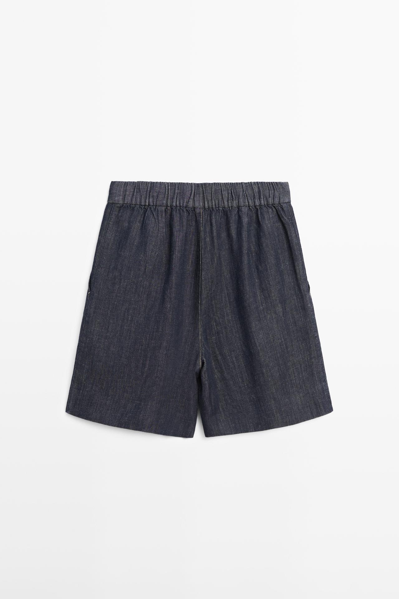 Cotton denim Bermuda shorts with topstitching — DARK BLUE