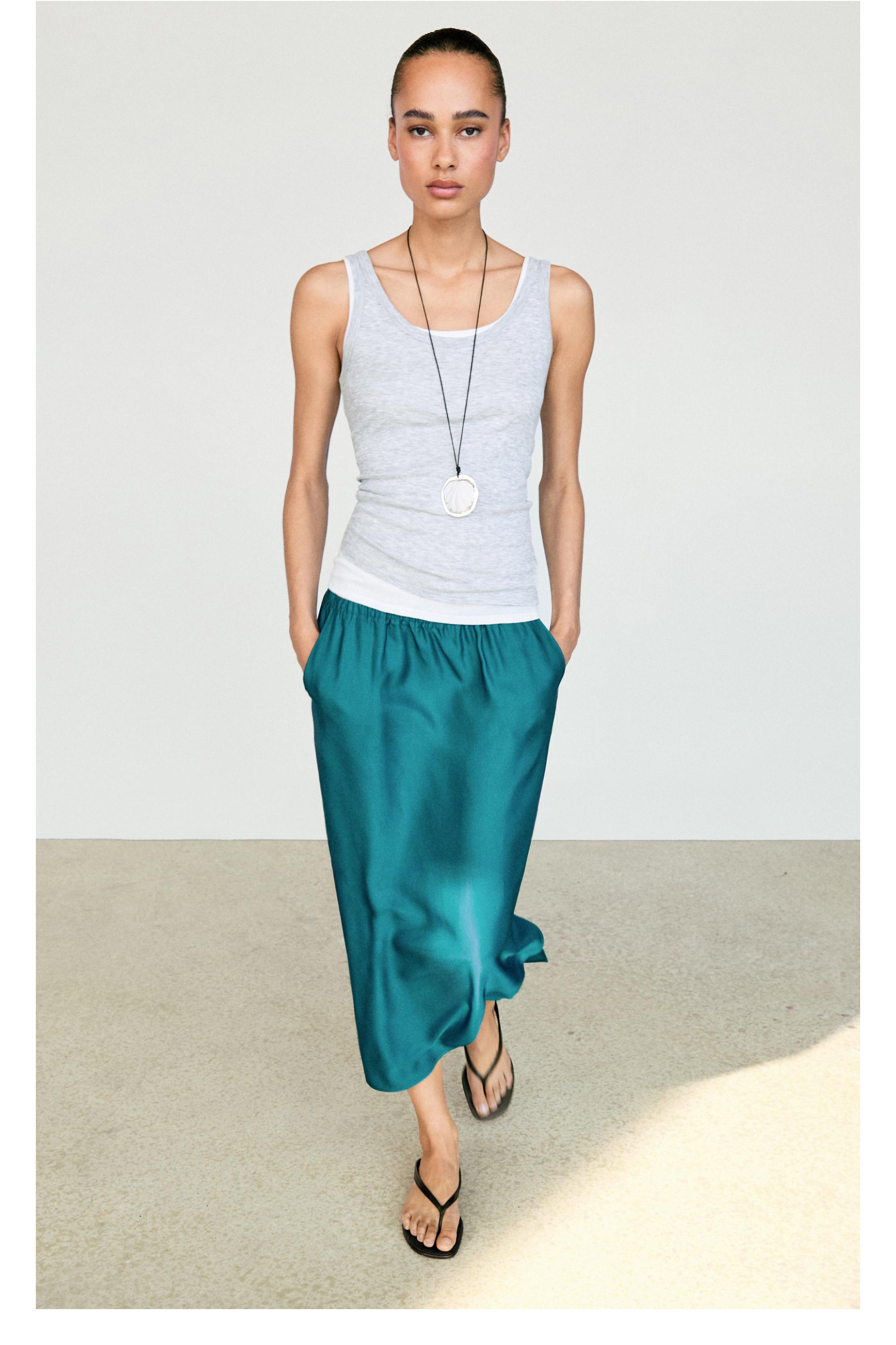 Satin midi skirt with pockets — BLUE