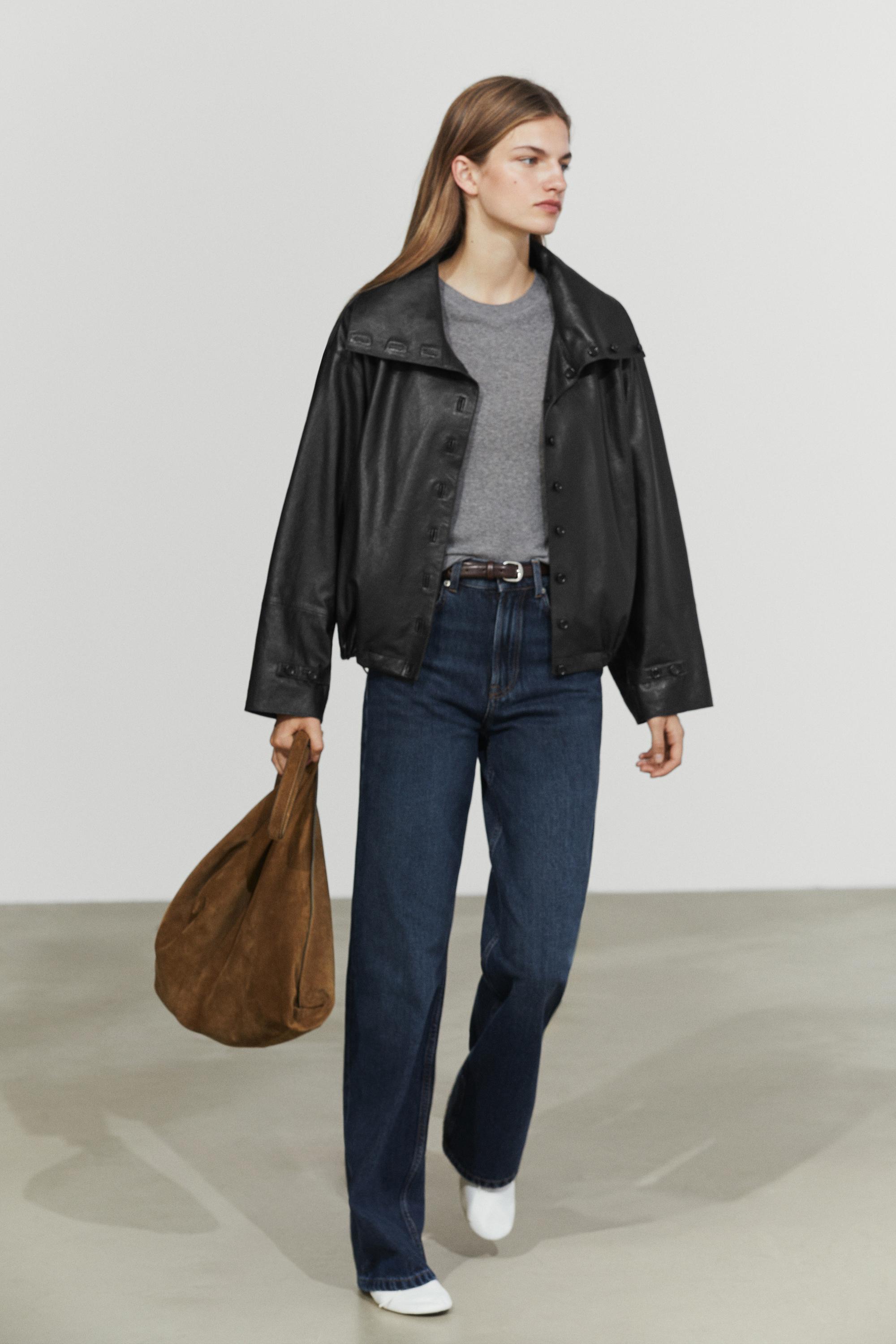 Nappa leather bomber jacket with button detail — BLACK
