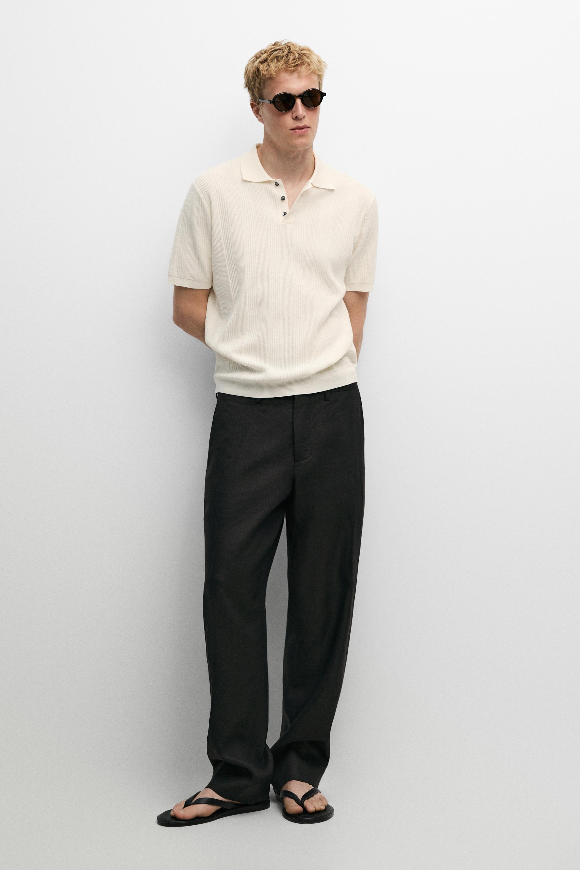 100% cotton textured striped knit polo shirt — CREAM