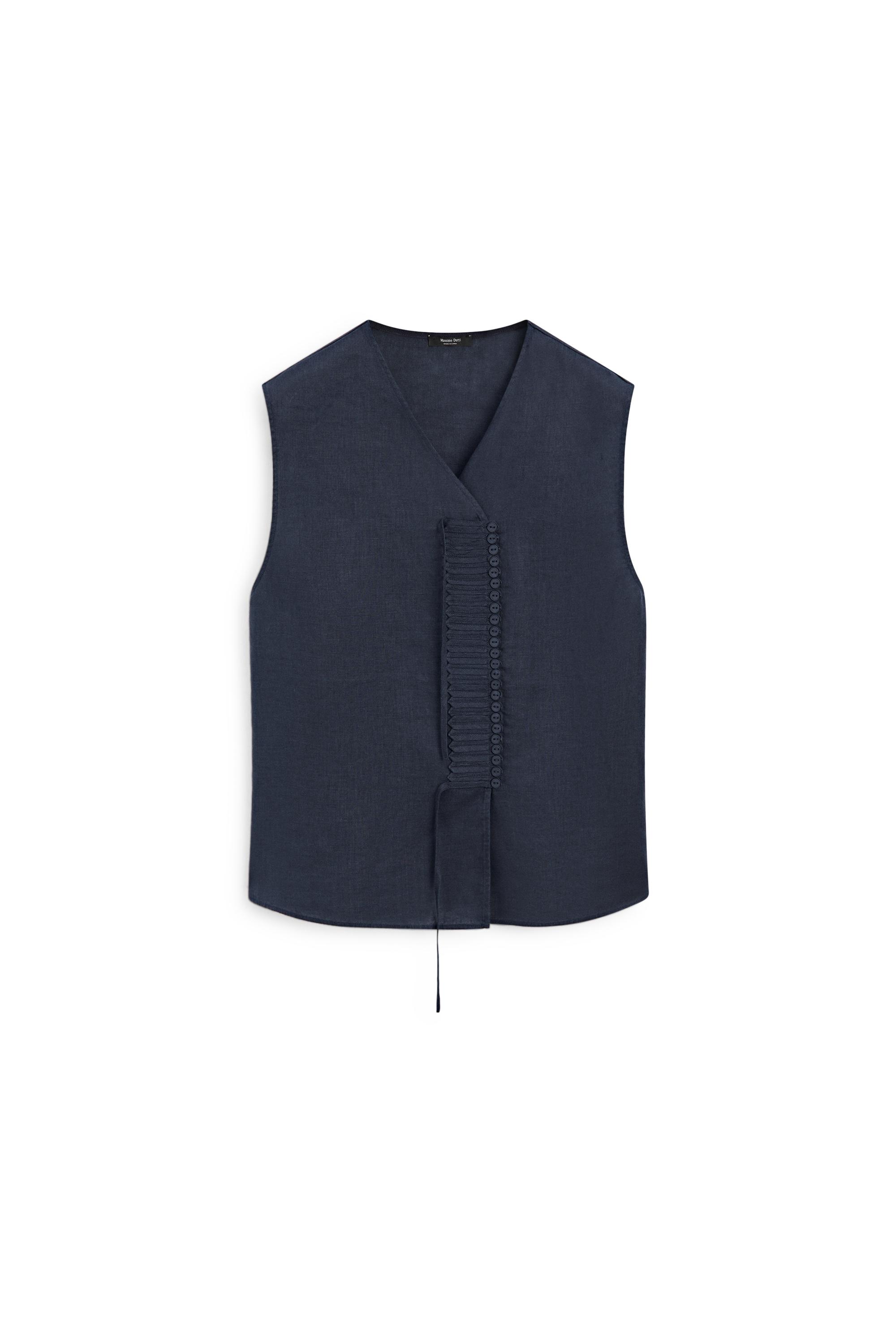 100% linen crossover top with button detail — NAVY BLUE