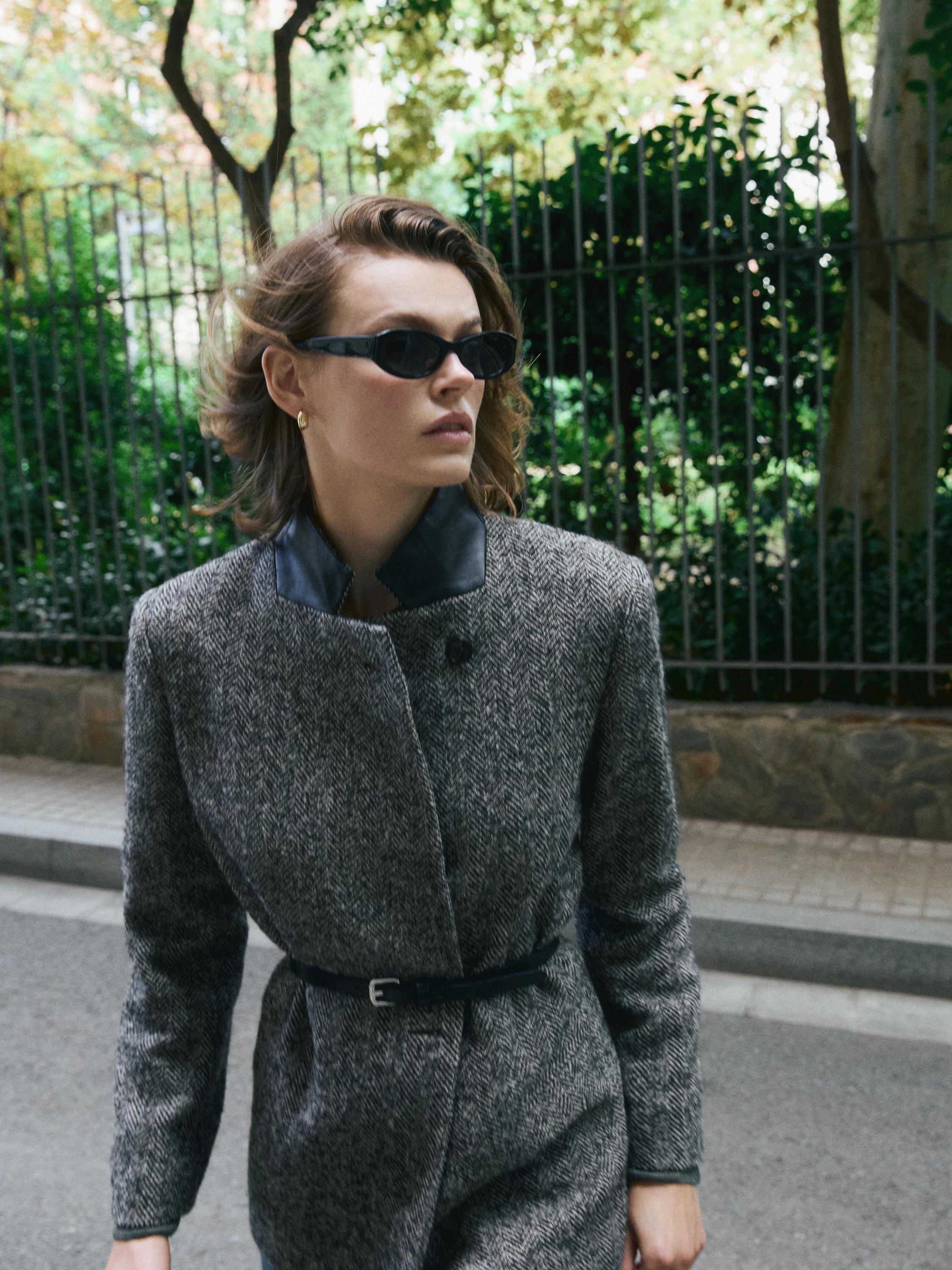 Herringbone wool blend blazer with high collar