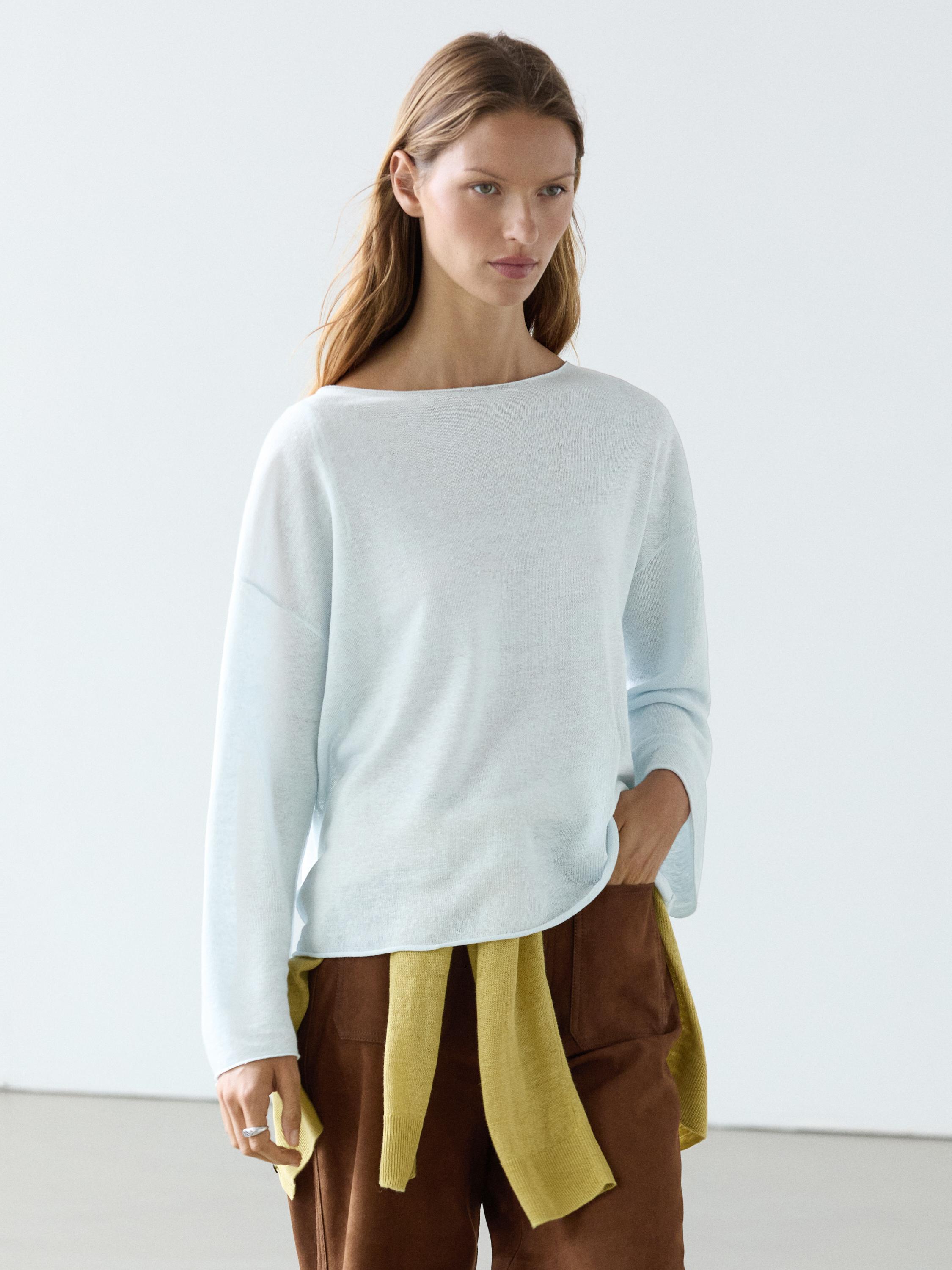 100% linen knit boat neck sweater · Off White, Navy Blue, Sky Blue