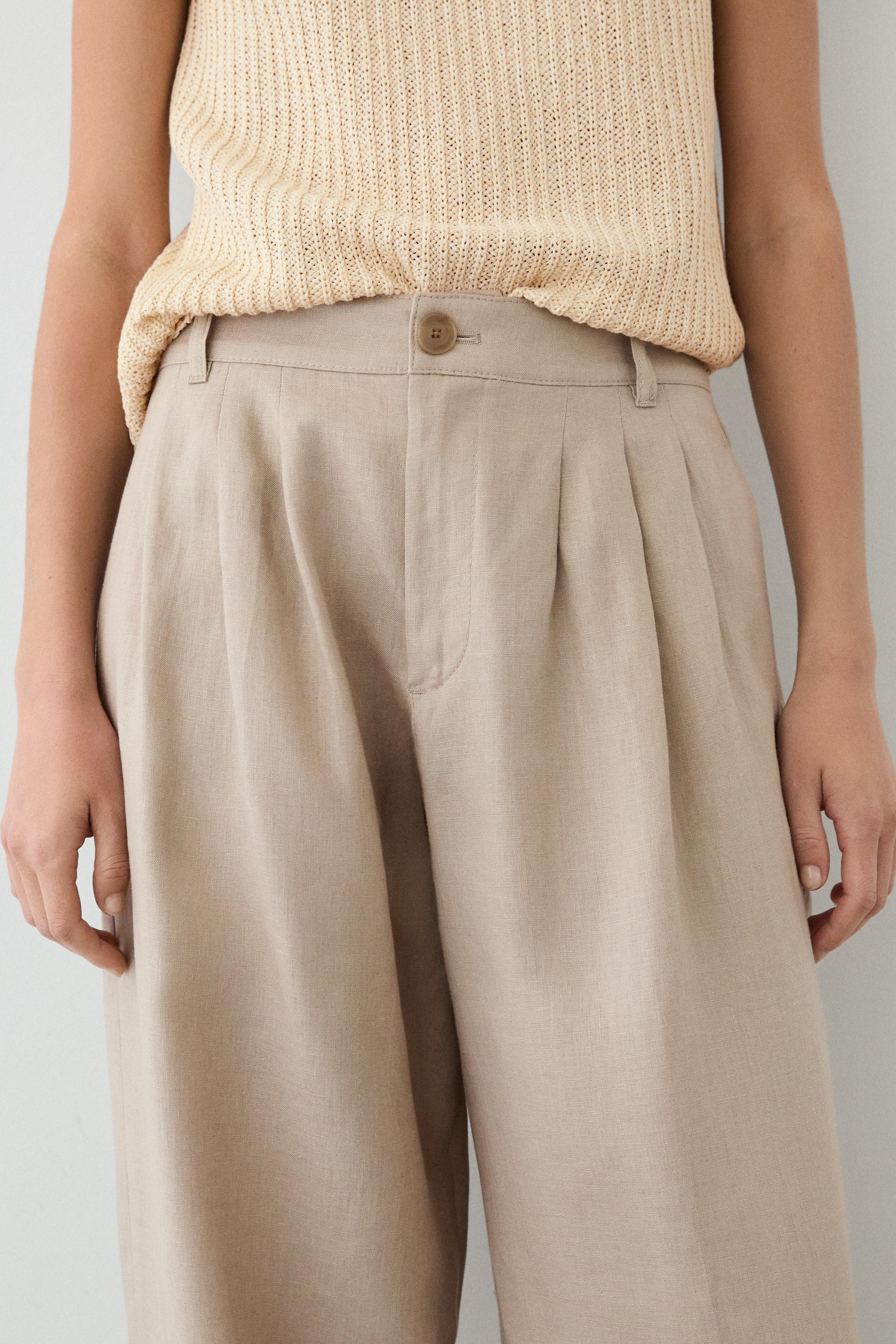 Wide-leg pleated linen trousers — STONE
