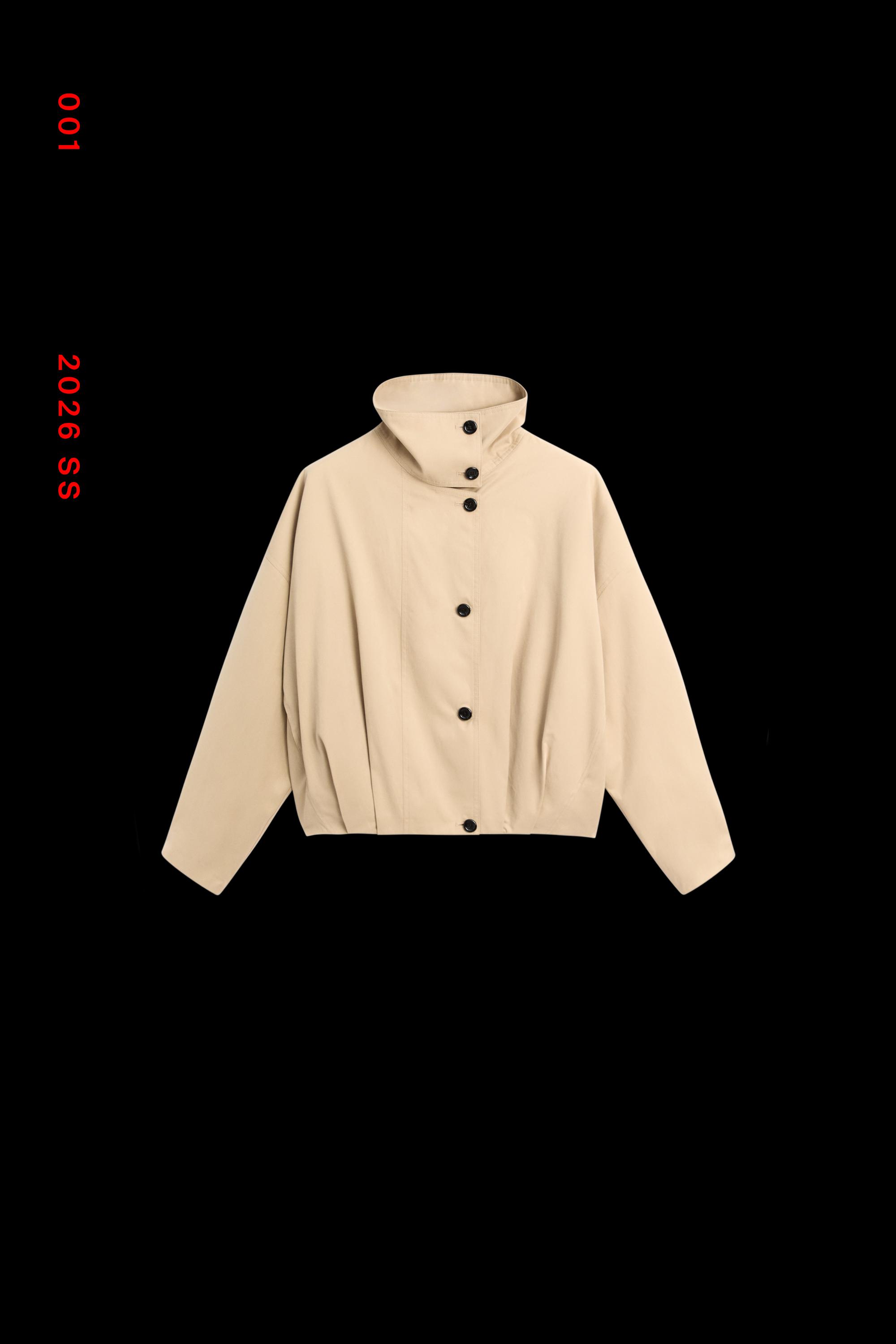 Pleated stand-collar bomber jacket — Beige