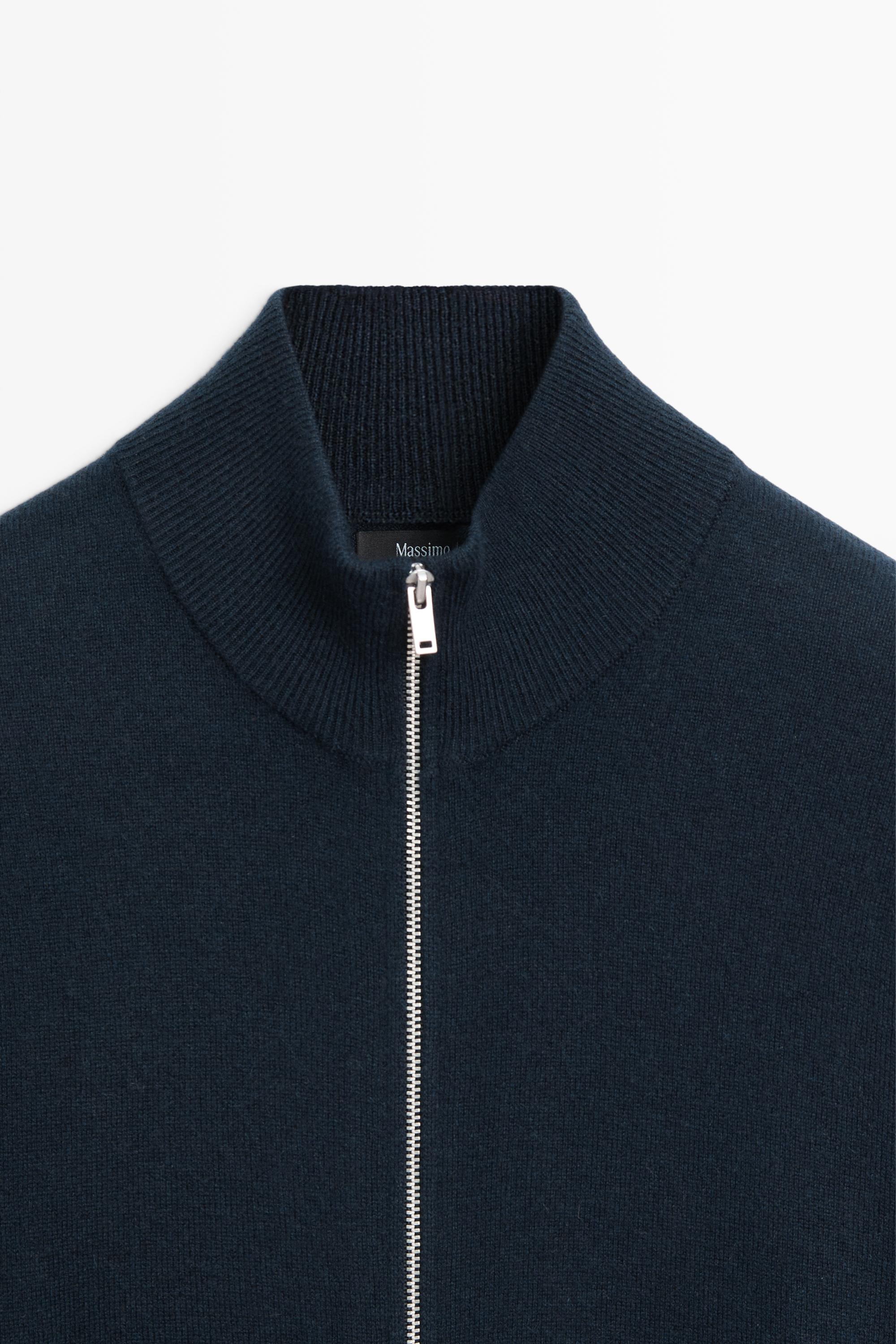 100% cashmere zip-up knit cardigan — NAVY BLUE