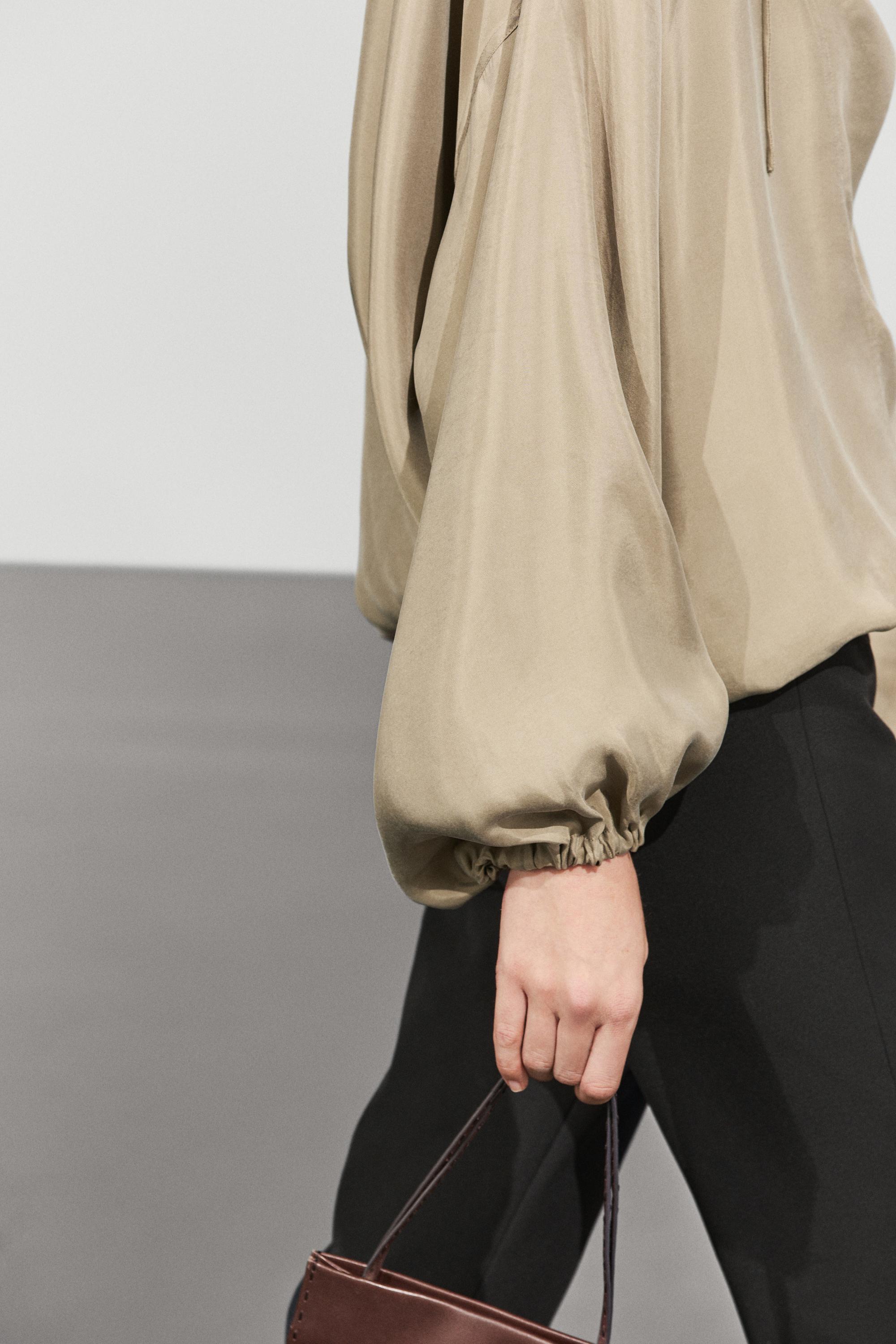 Flowing blouse with drawstring neck detail — STONE