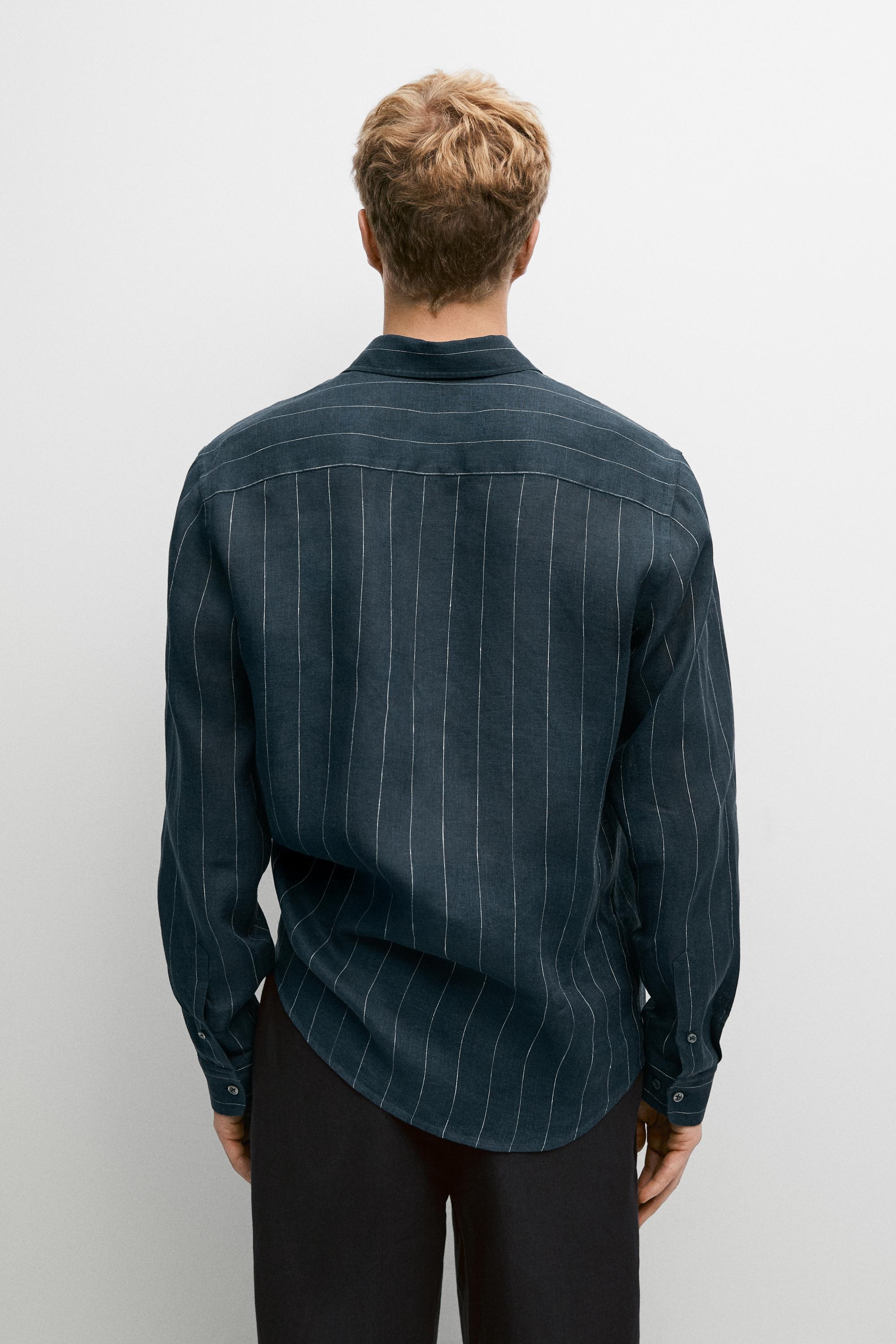Regular fit striped 100% linen shirt — PETROL BLUE