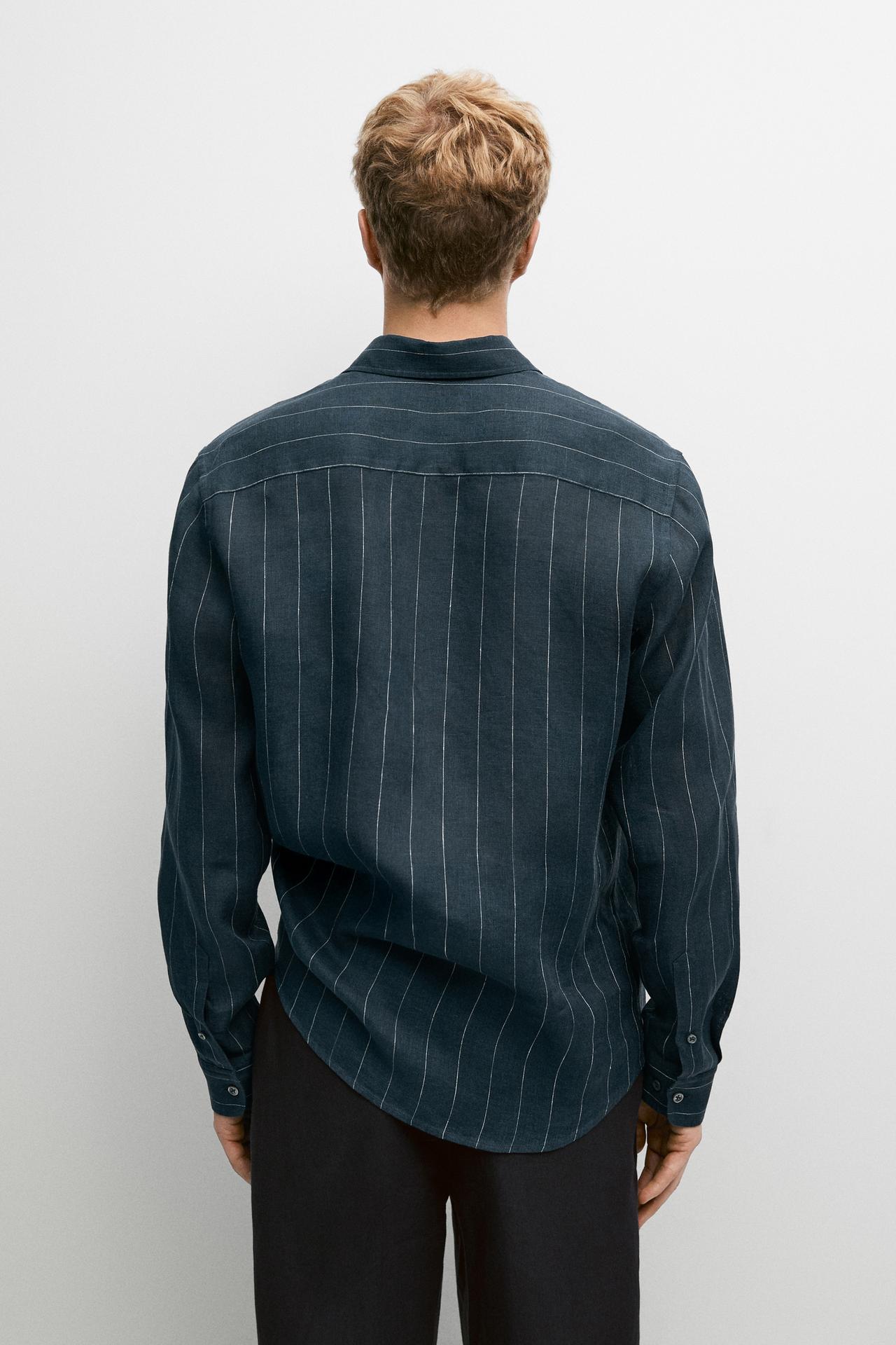 Regular fit striped 100% linen shirt — PETROL BLUE