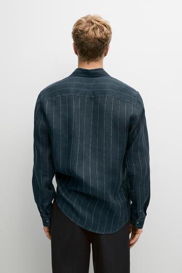 Regular fit striped 100% linen shirt — PETROL BLUE 5