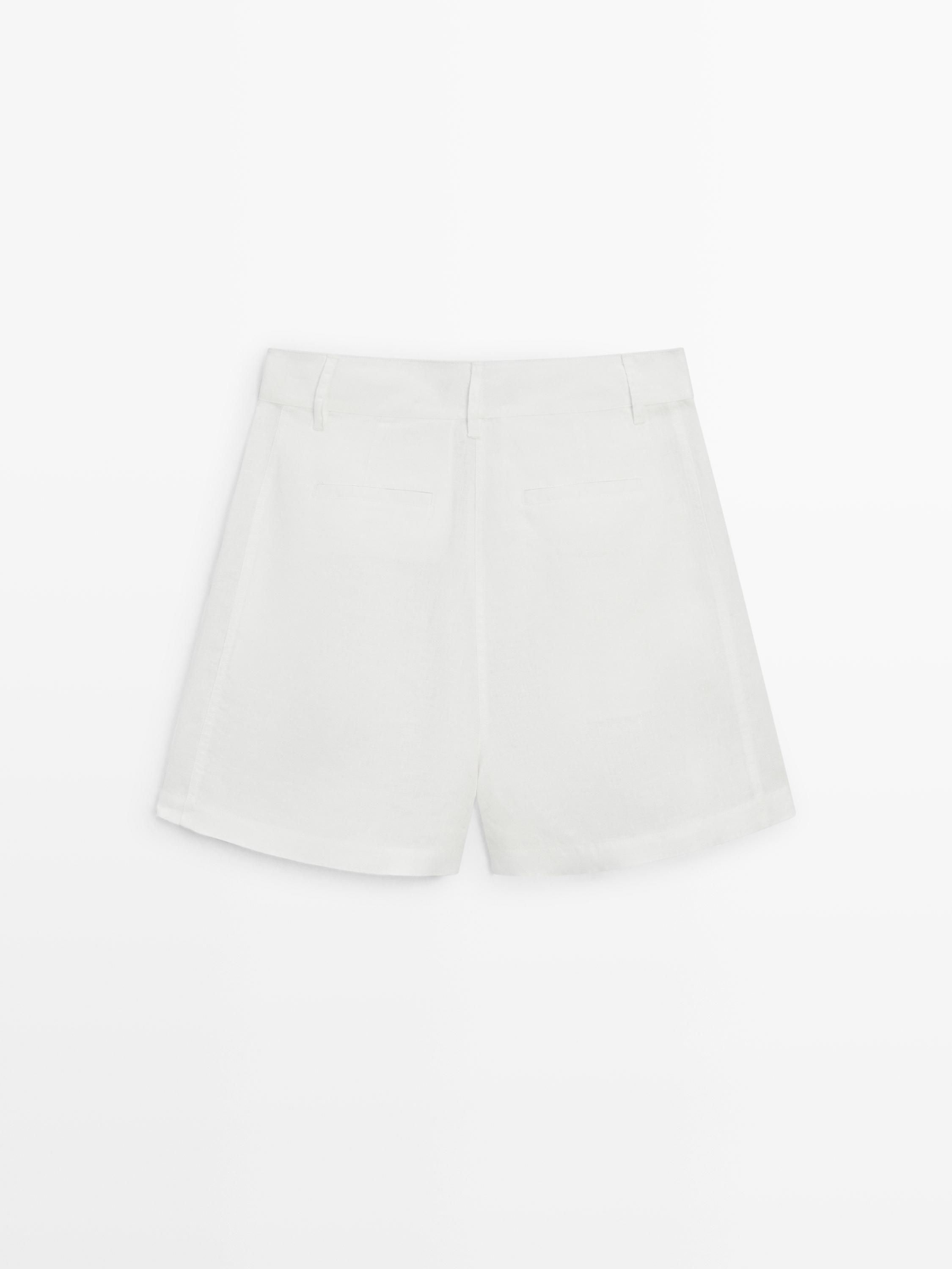 100% linen long Bermuda shorts with darts — WHITE