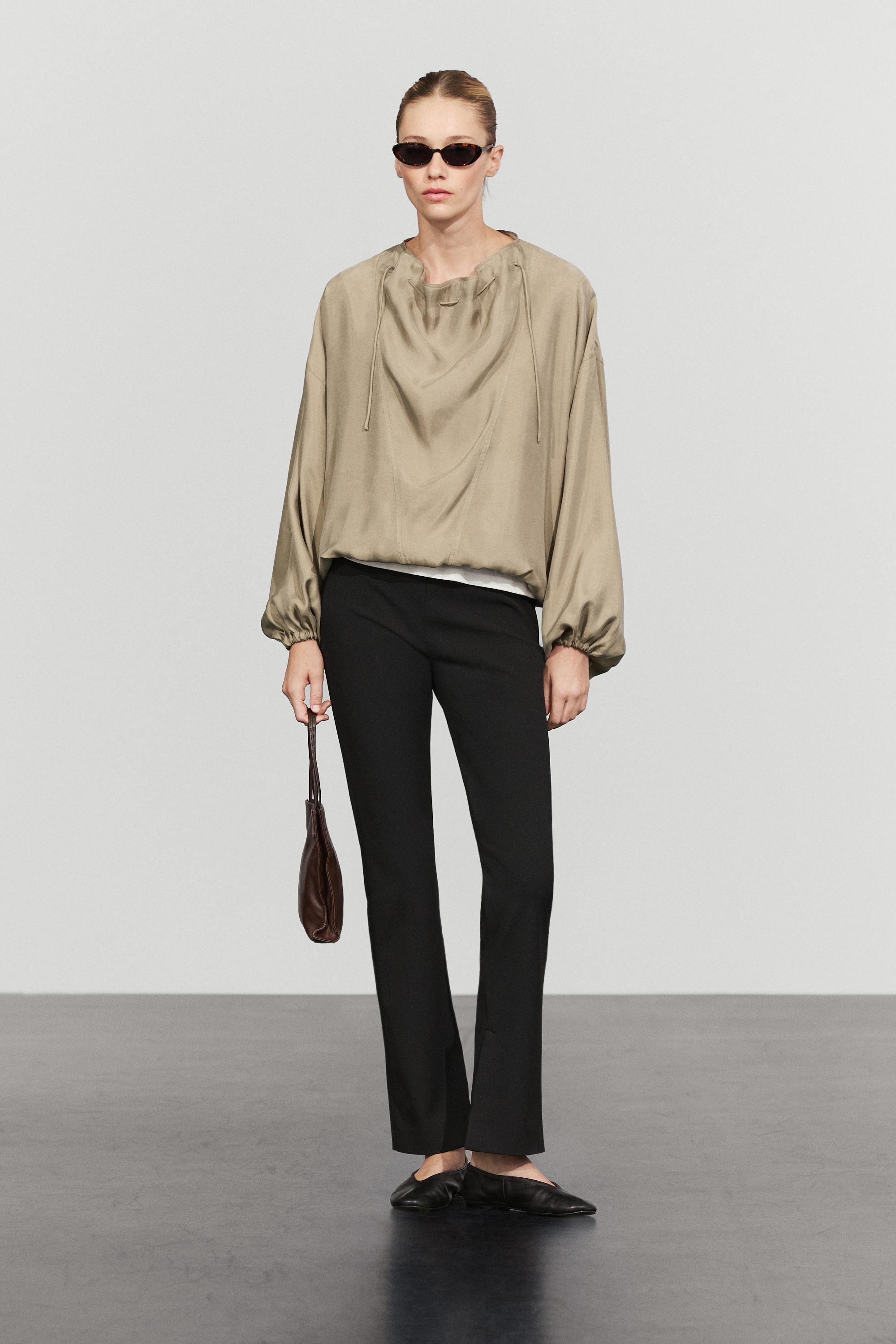 Flowing blouse with drawstring neck detail — STONE