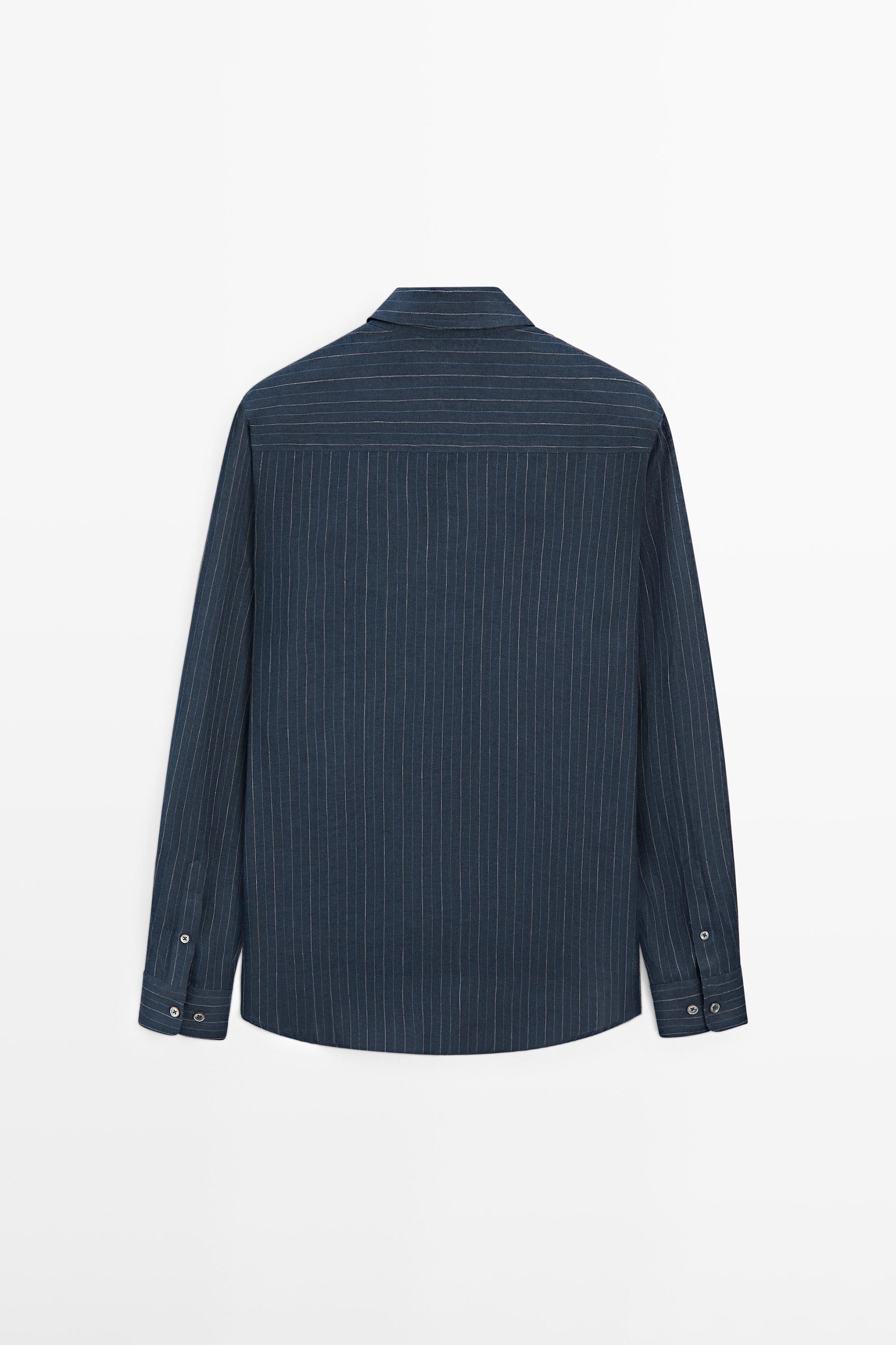 100% linen regular fit striped shirt — NAVY BLUE