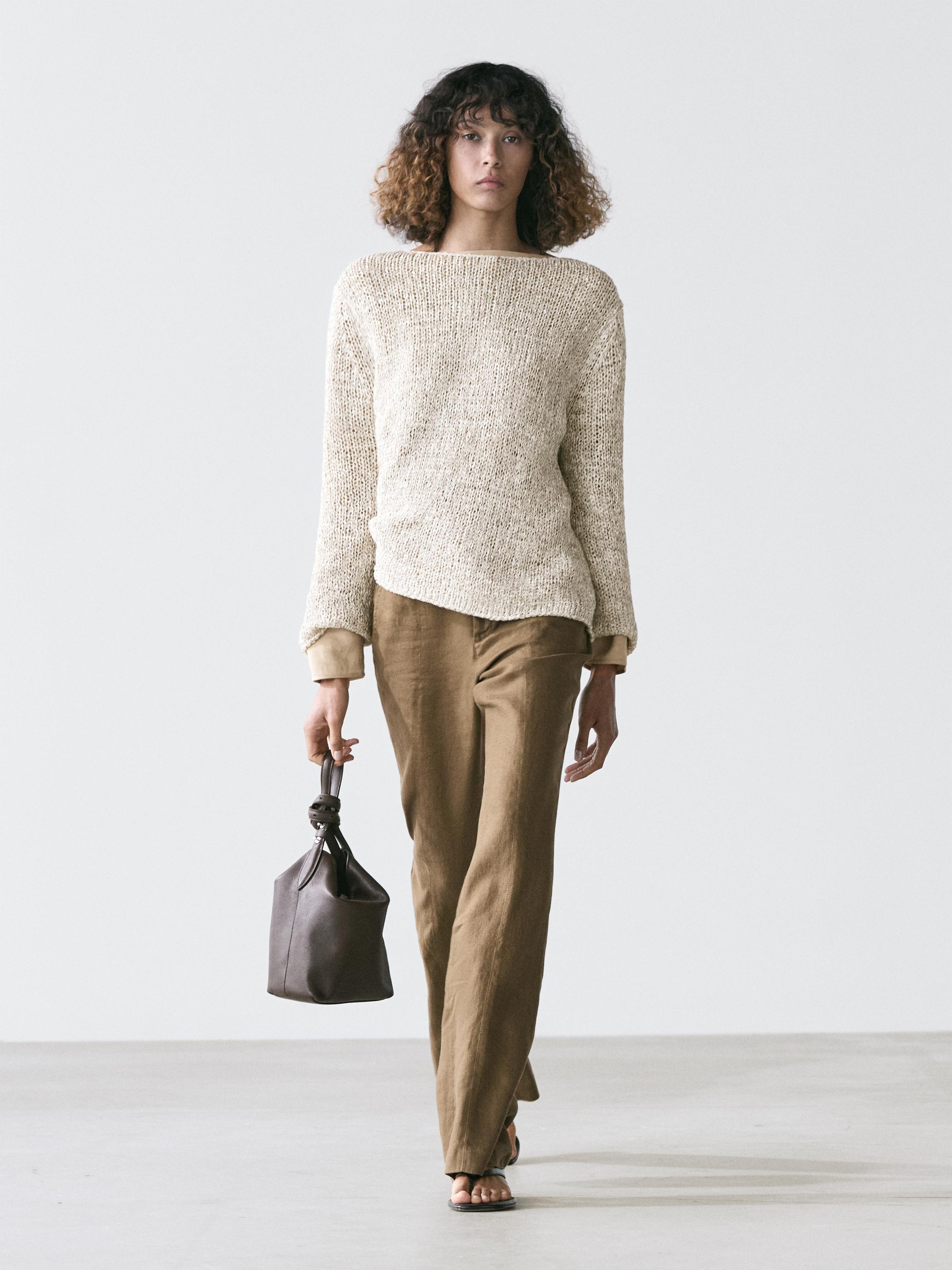 Boat neck knit sweater — BEIGE