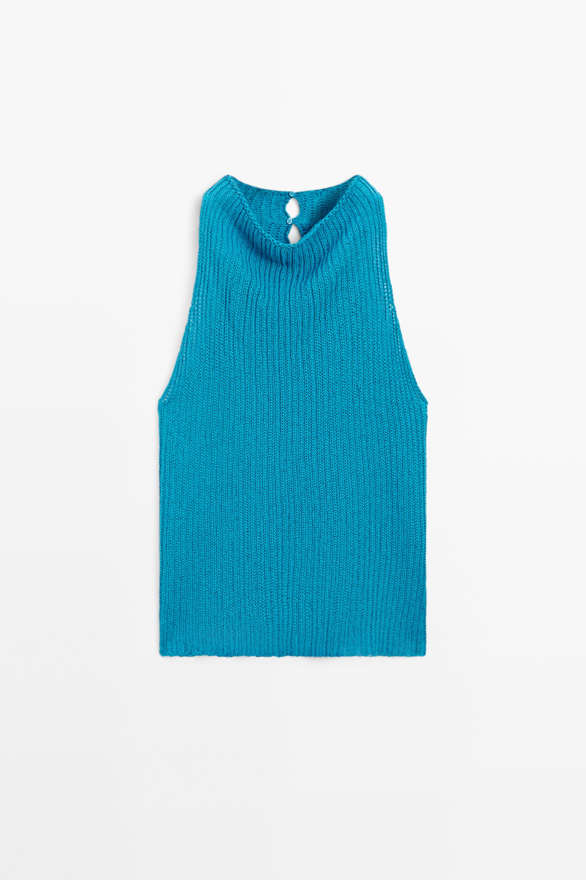 Linen blend knit button-detail top — TURQUOISE