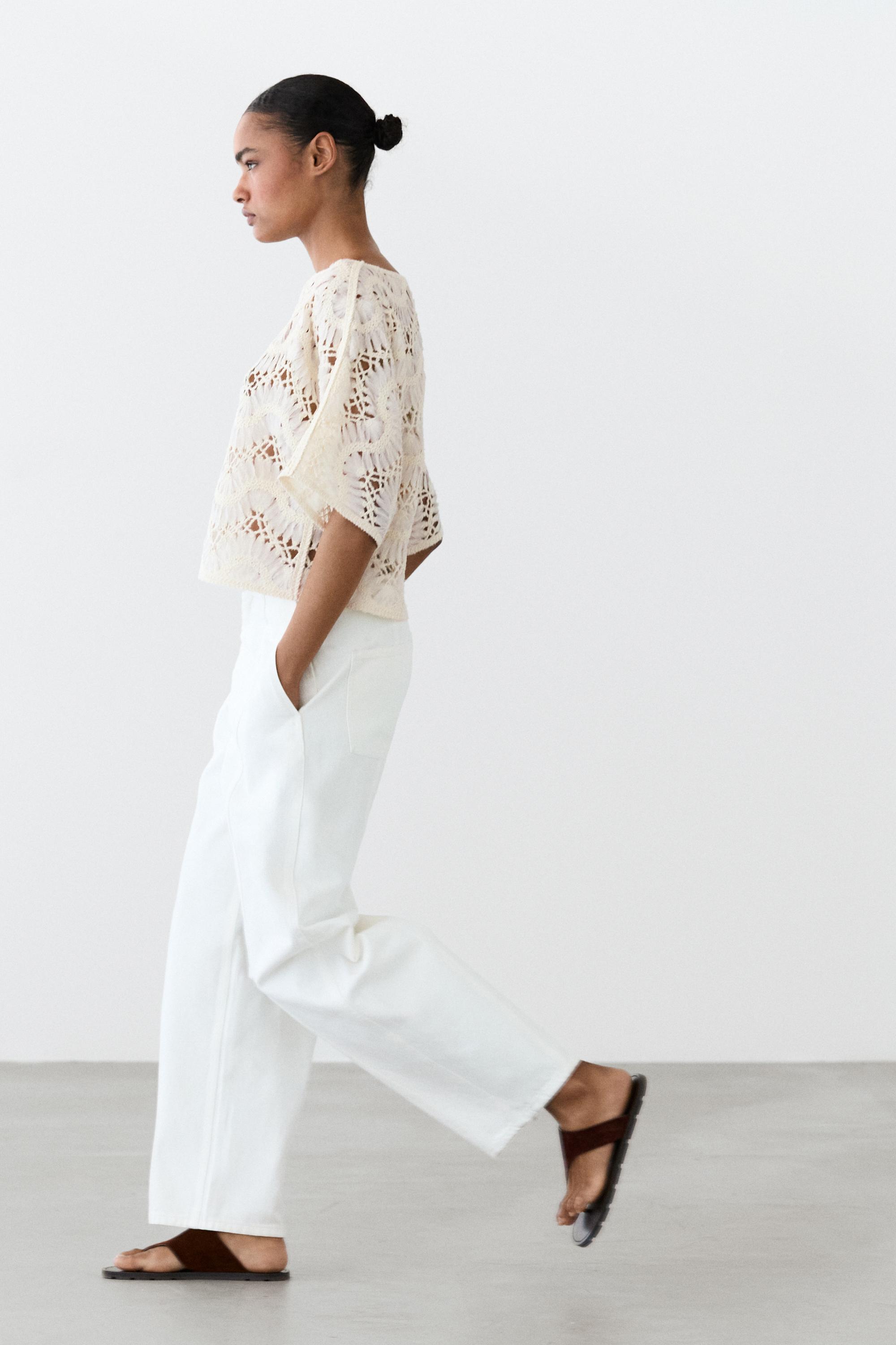 Short sleeve crochet top — CREAM
