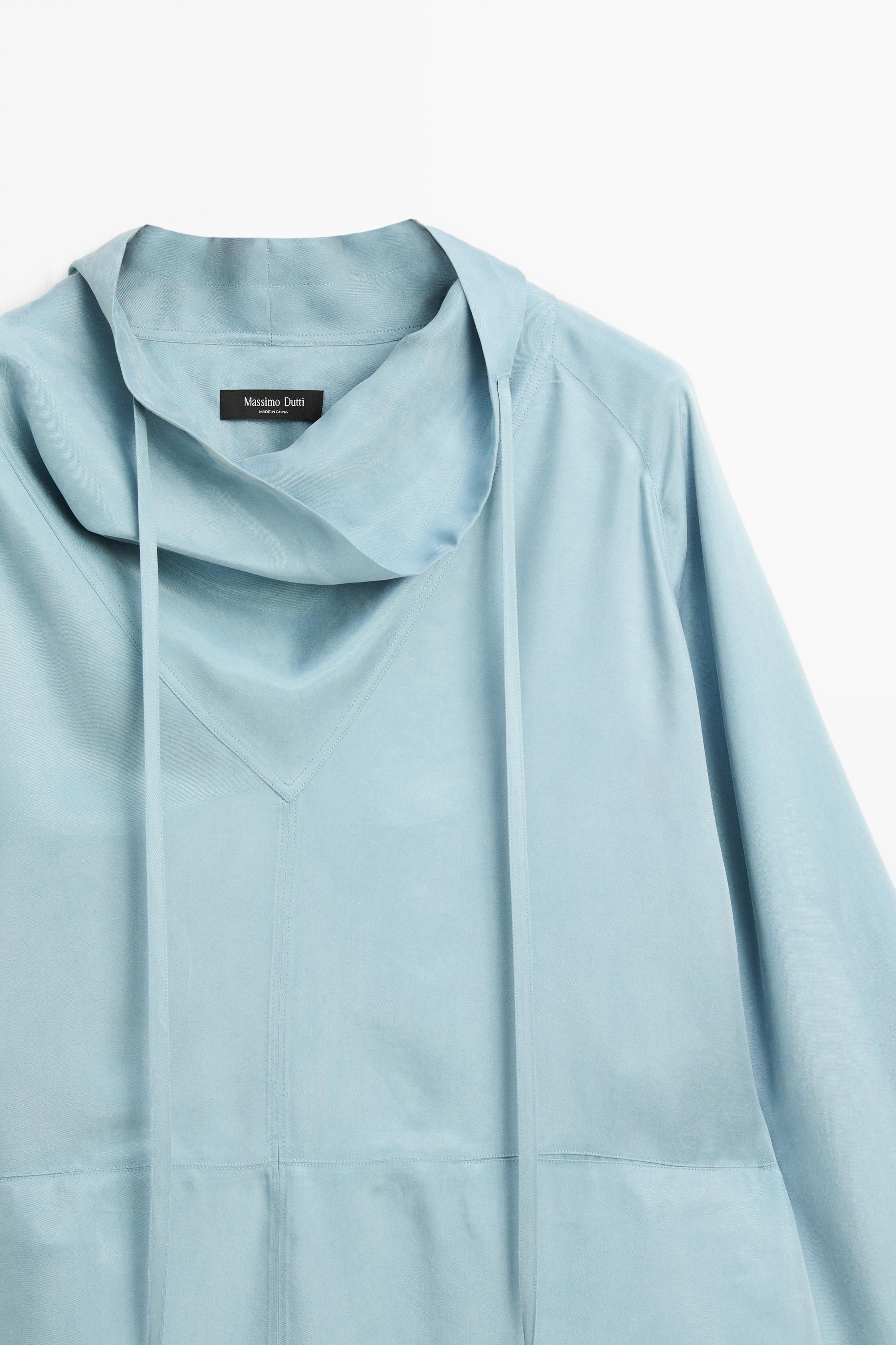 Flowing shirt with high collar and drawstring detail — GREY BLUE