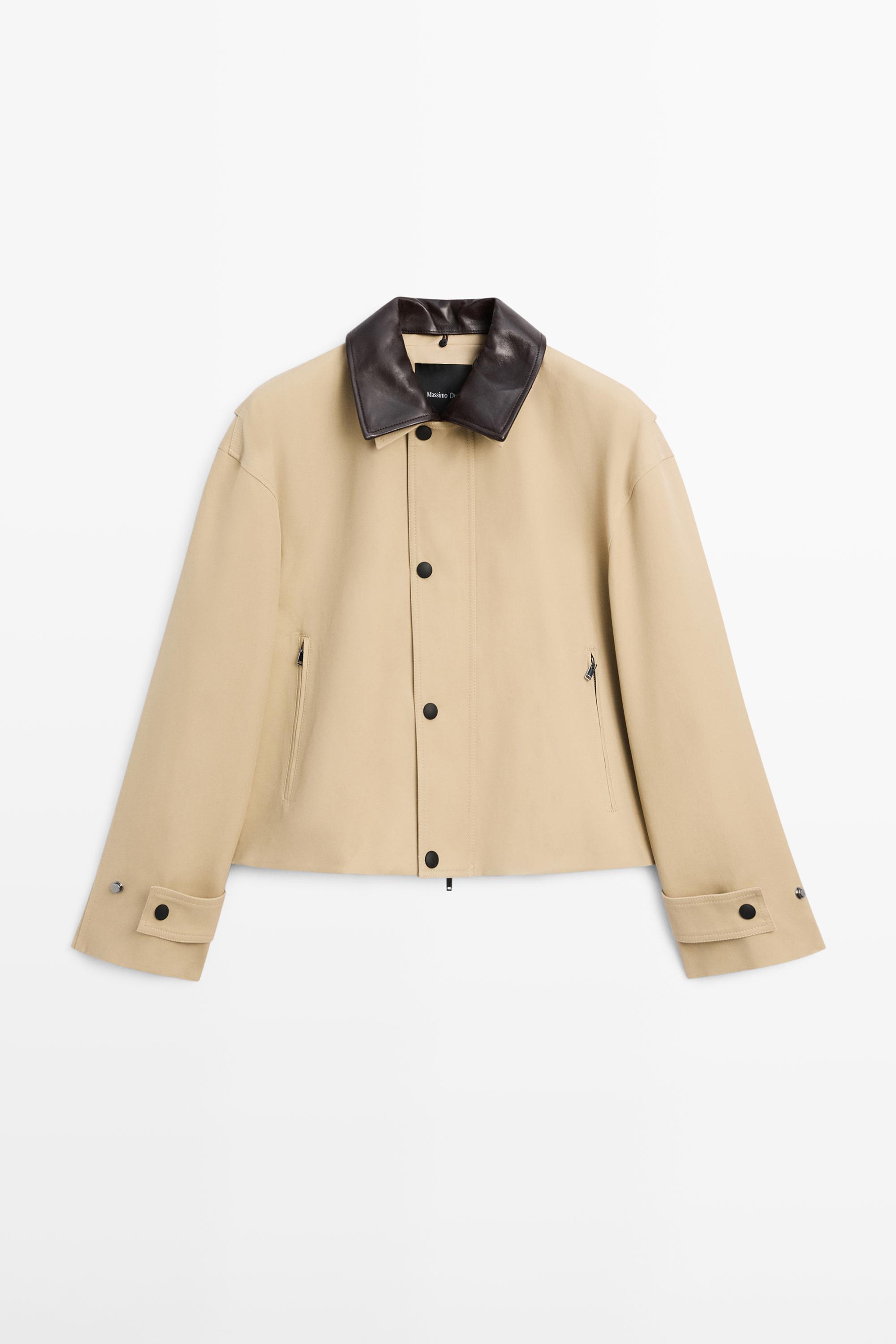 Short jacket with leather collar detail