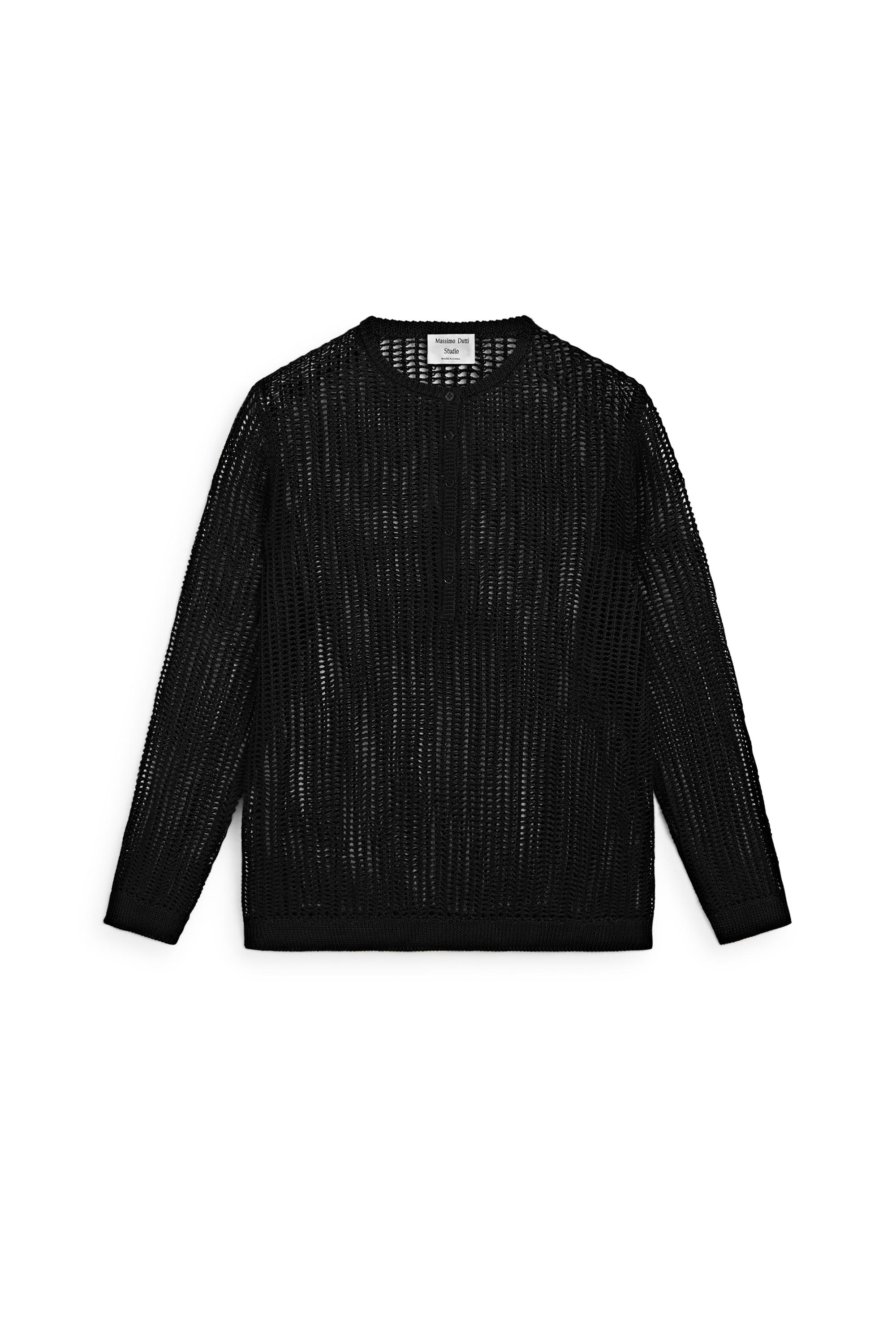 Cutwork knit button-up sweater - STUDIO — BLACK
