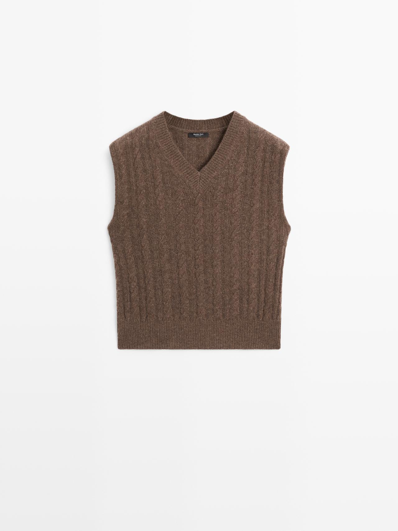 Massimo Dutti - Dame - Strikket Vest I Uldblanding Med V-Udskæring - Brun - Xs
