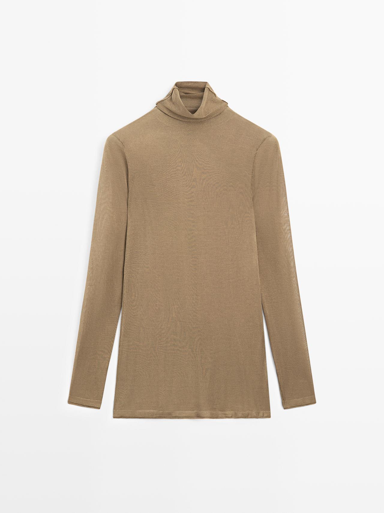 Massimo Dutti - Dame - Ekstra Finstrikket Trøje I 100% Silke Med Høj Hals - Limited - Beige - S