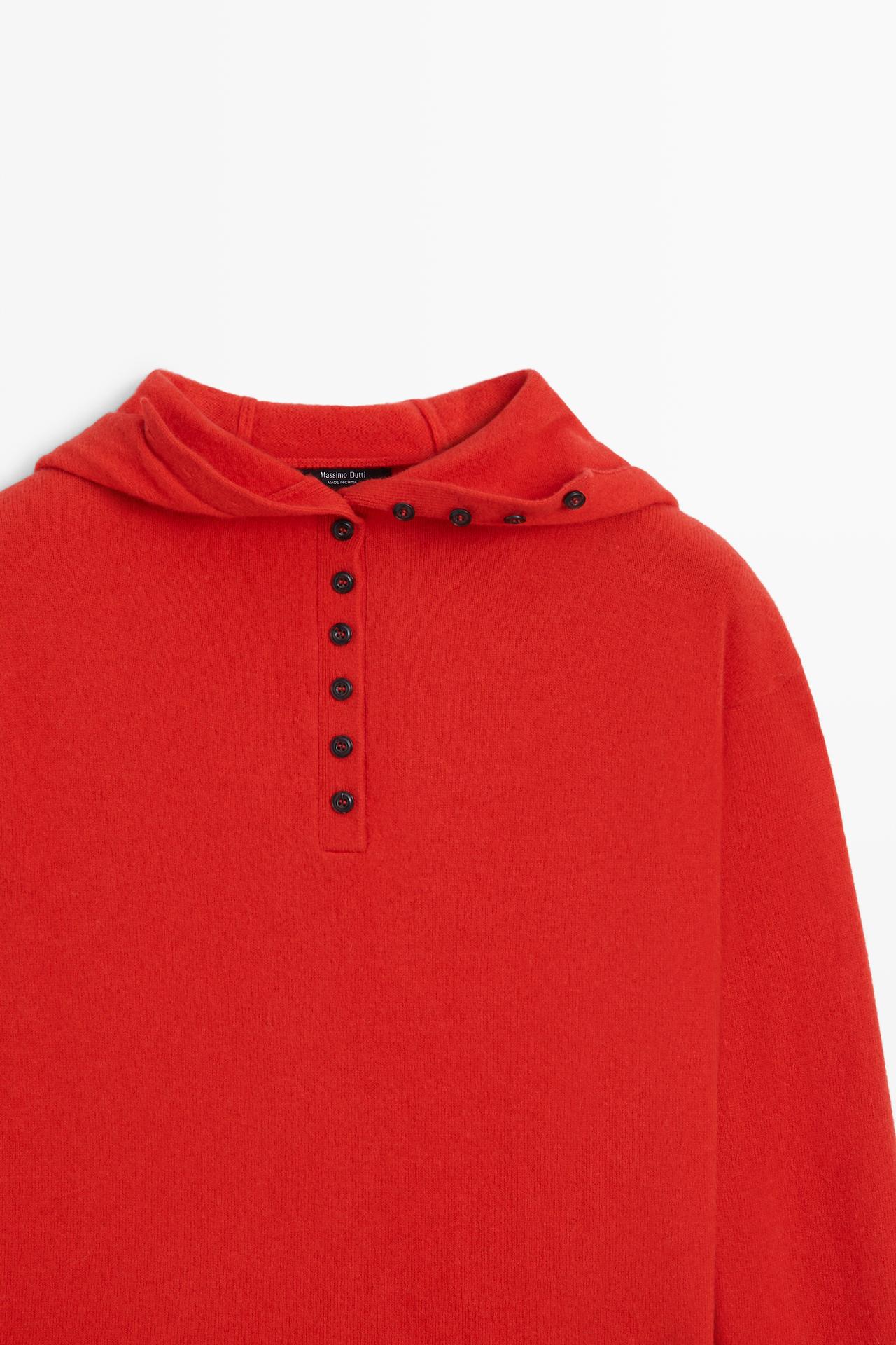 Hooded knit sweater with button detail — RED