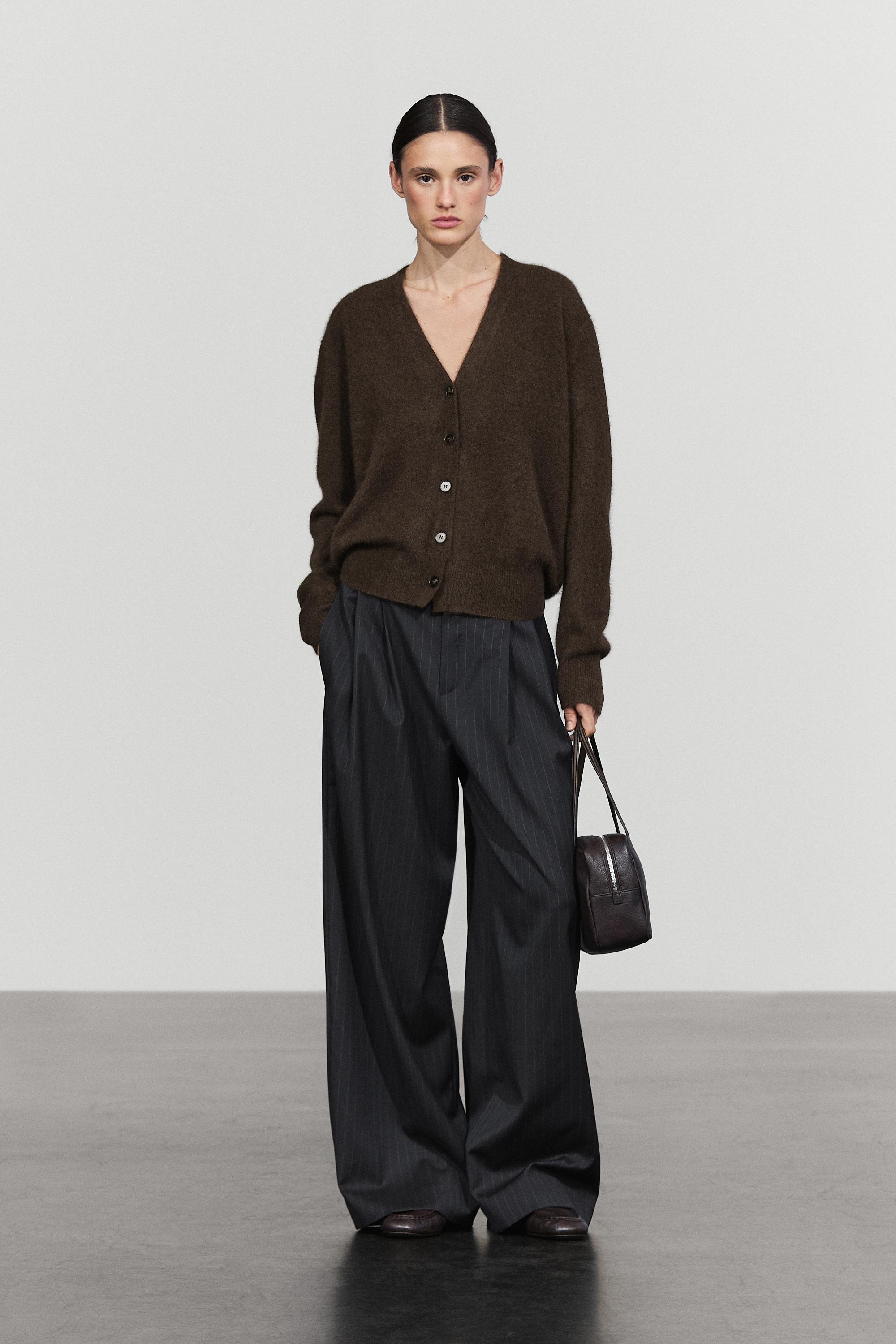 Brushed wool-blend V-neck knit cardigan — BROWN