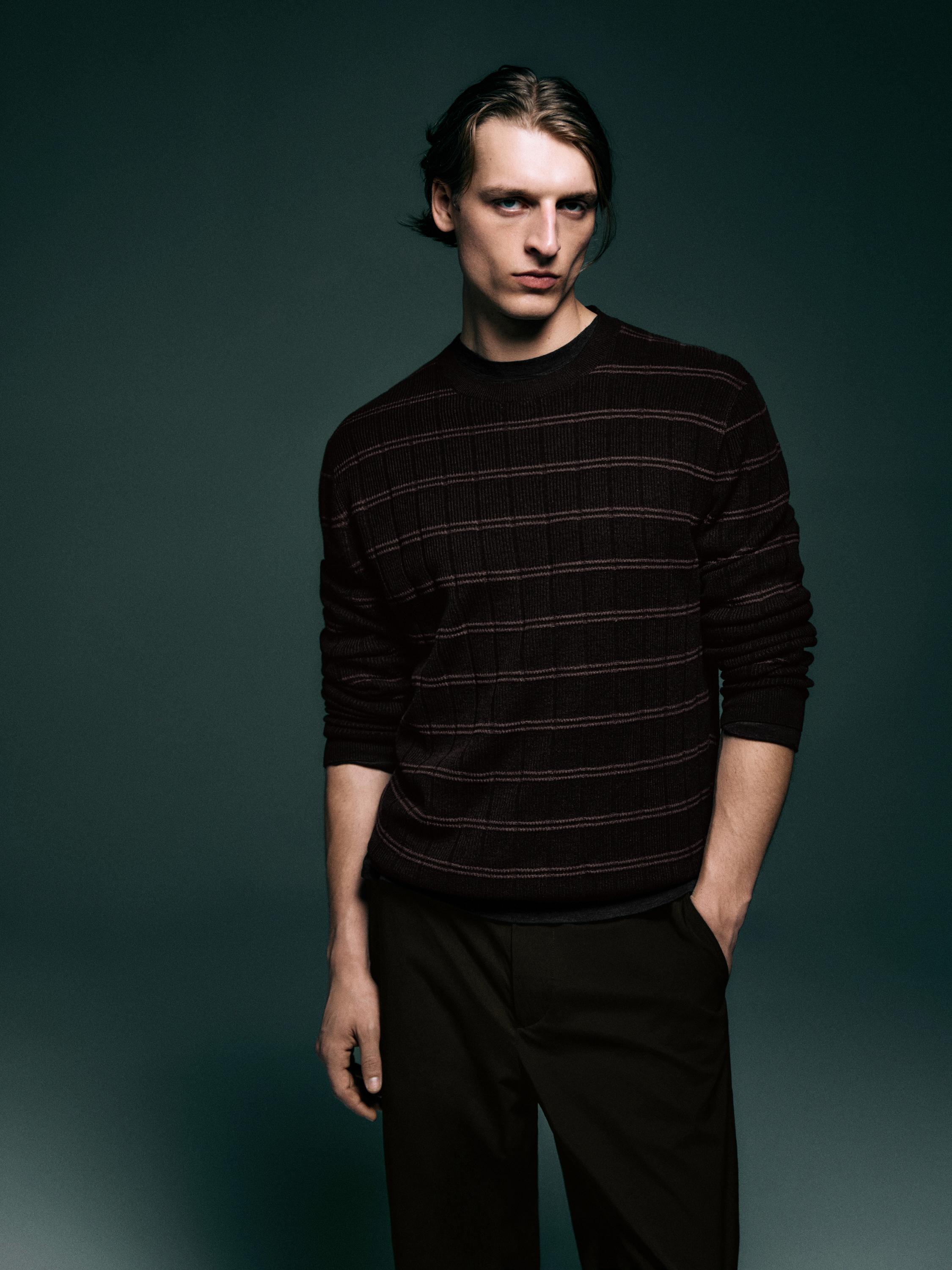Striped knit crew neck sweater — BROWN