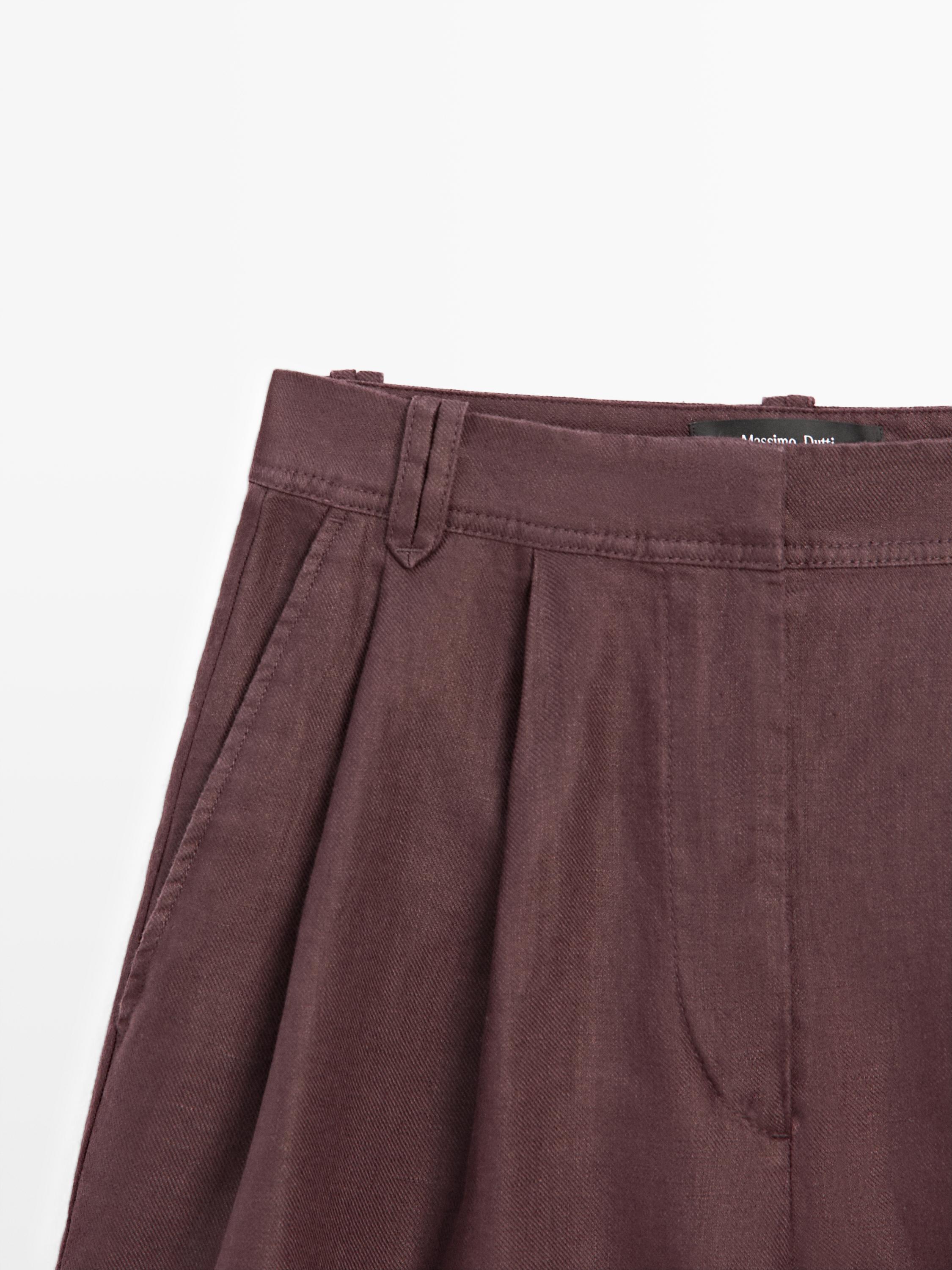 100% linen short pleated Bermuda shorts — AUBERGINE