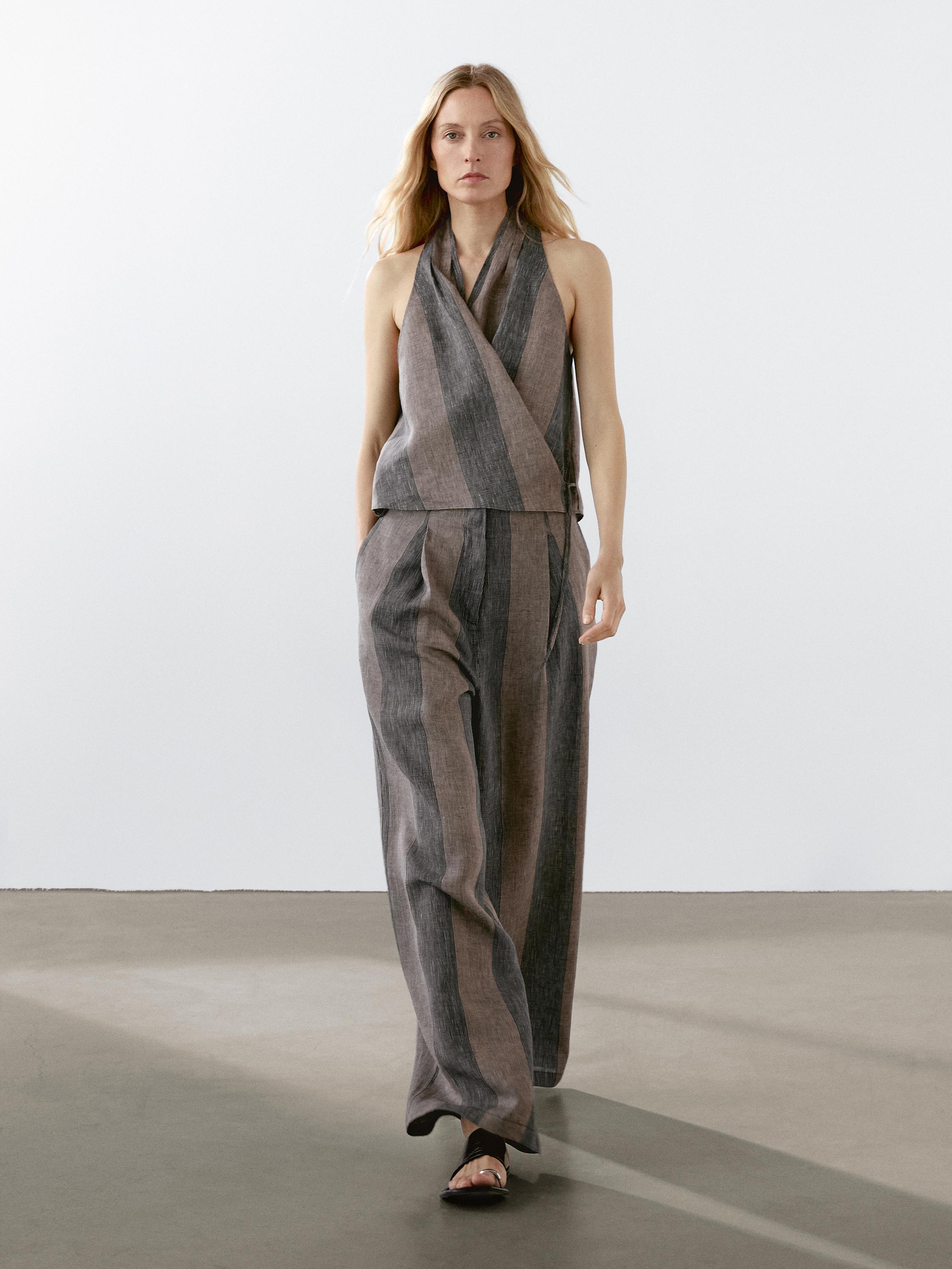 Gathered halter top with contrast stripe