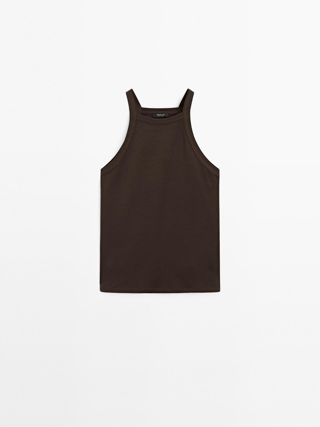 Massimo Dutti - Dame - Halterneck-Top I Bomuldsblanding - Brun - M