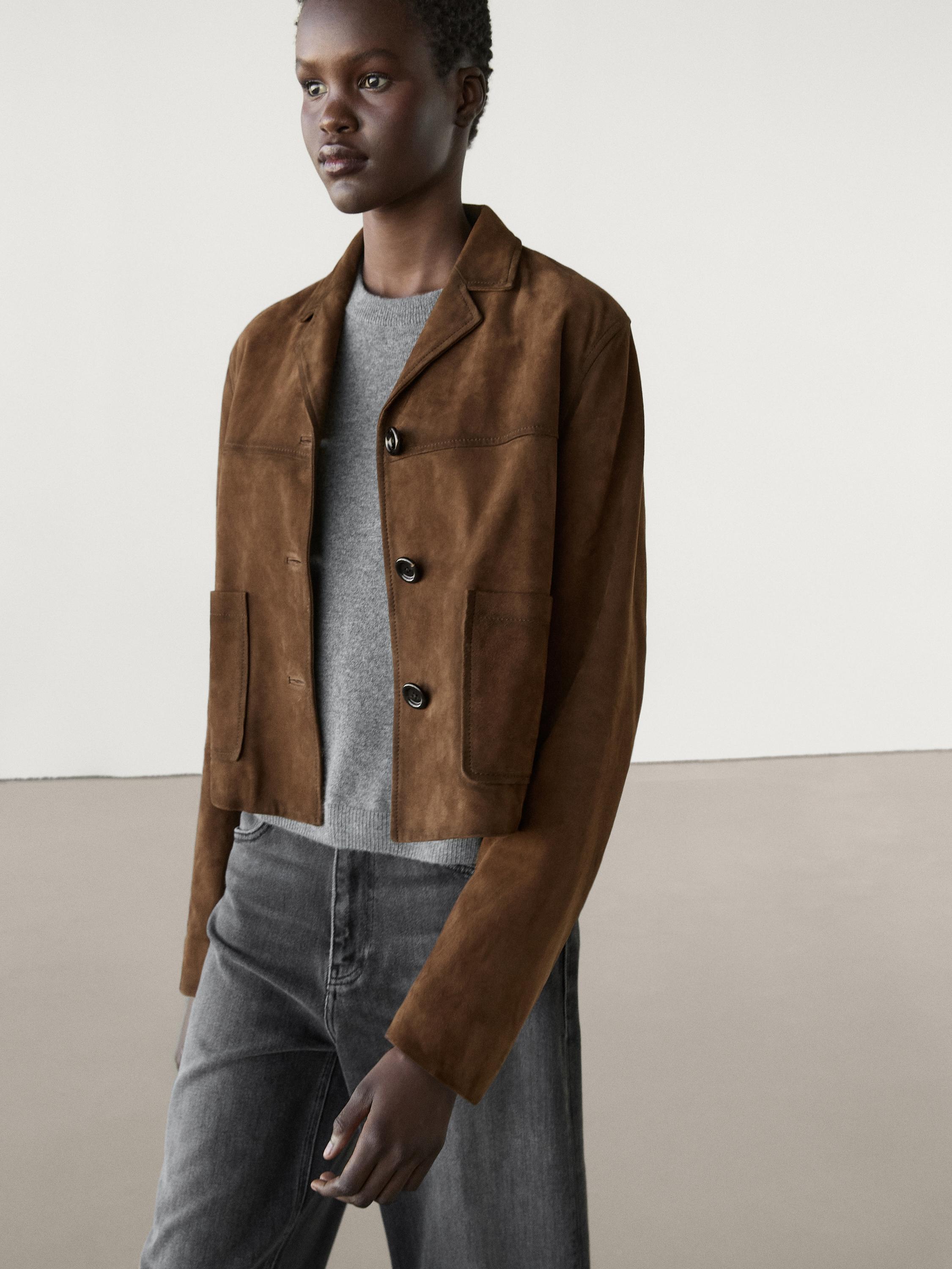 Short suede leather jacket with pocket details · Brown · Skirts | Massimo  Dutti