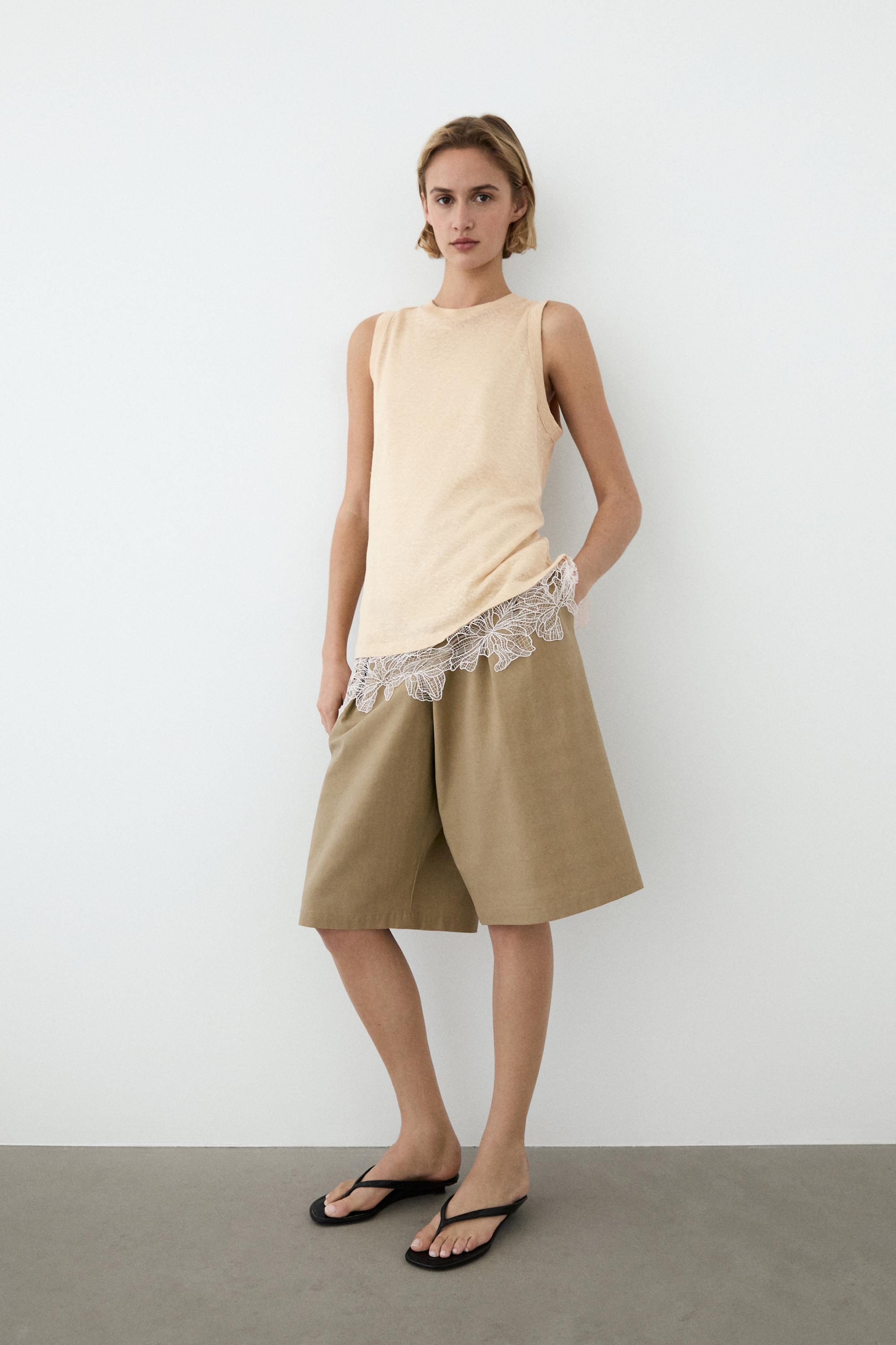 Melange linen suit Bermuda shorts — CAMEL