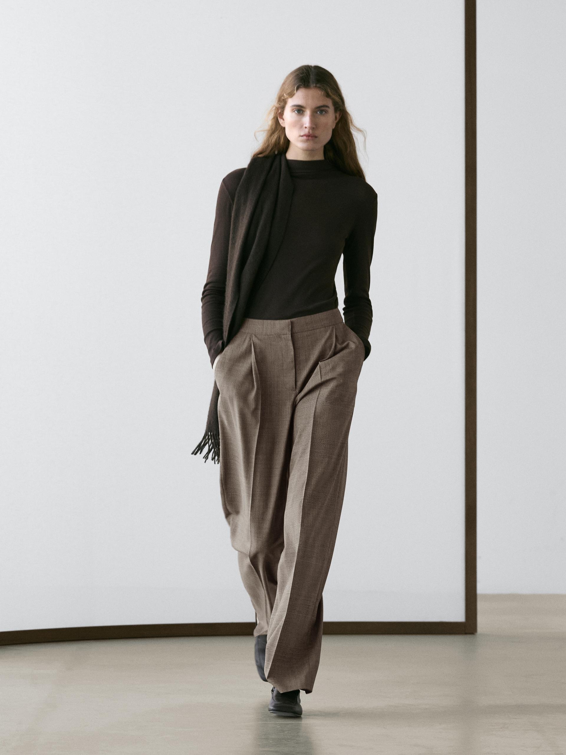 Pantalón Traje Cuadros Lana - Beige - 38 - Massimo Dutti - Mujer