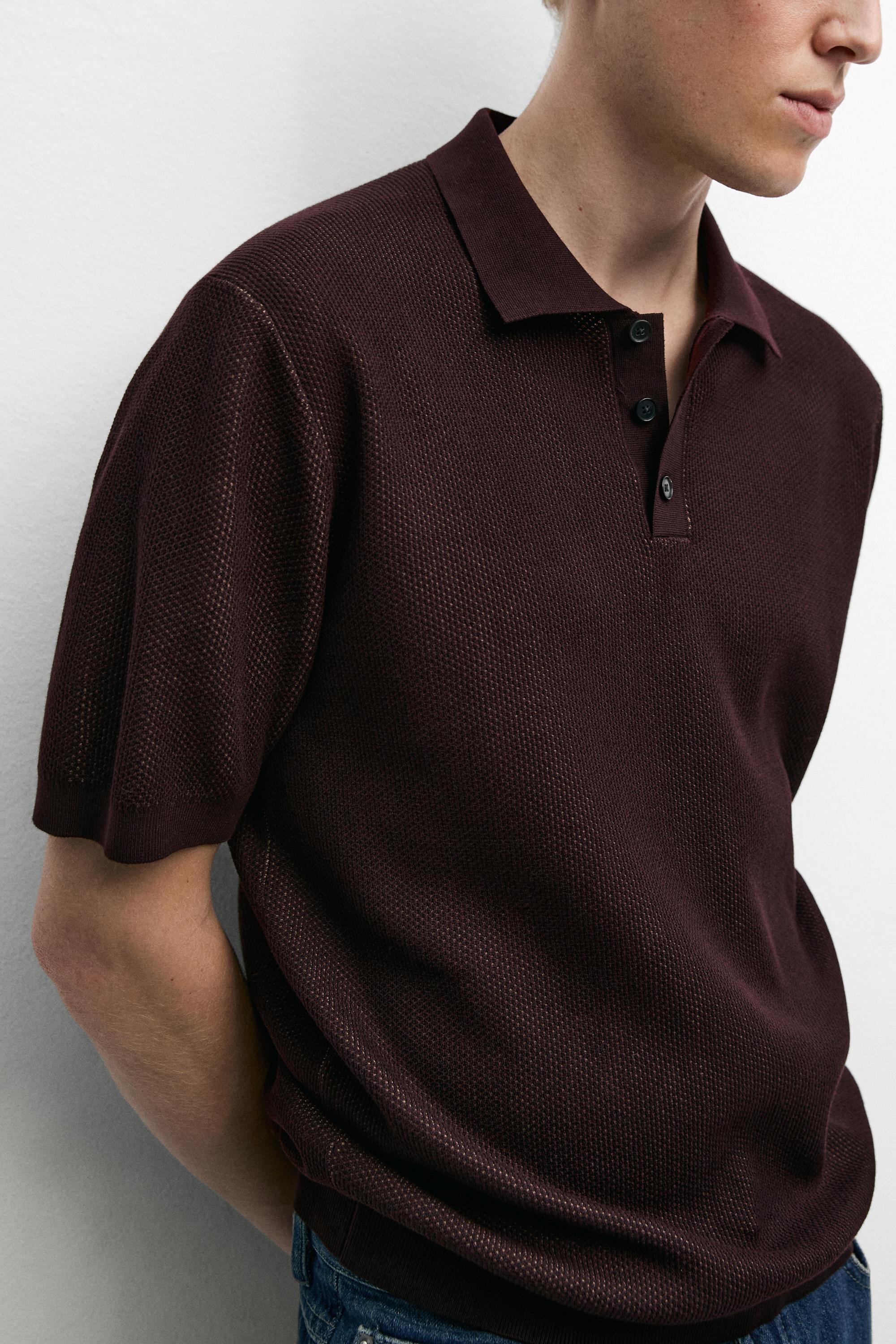 100% cotton textured contrast polo shirt — BURGUNDY