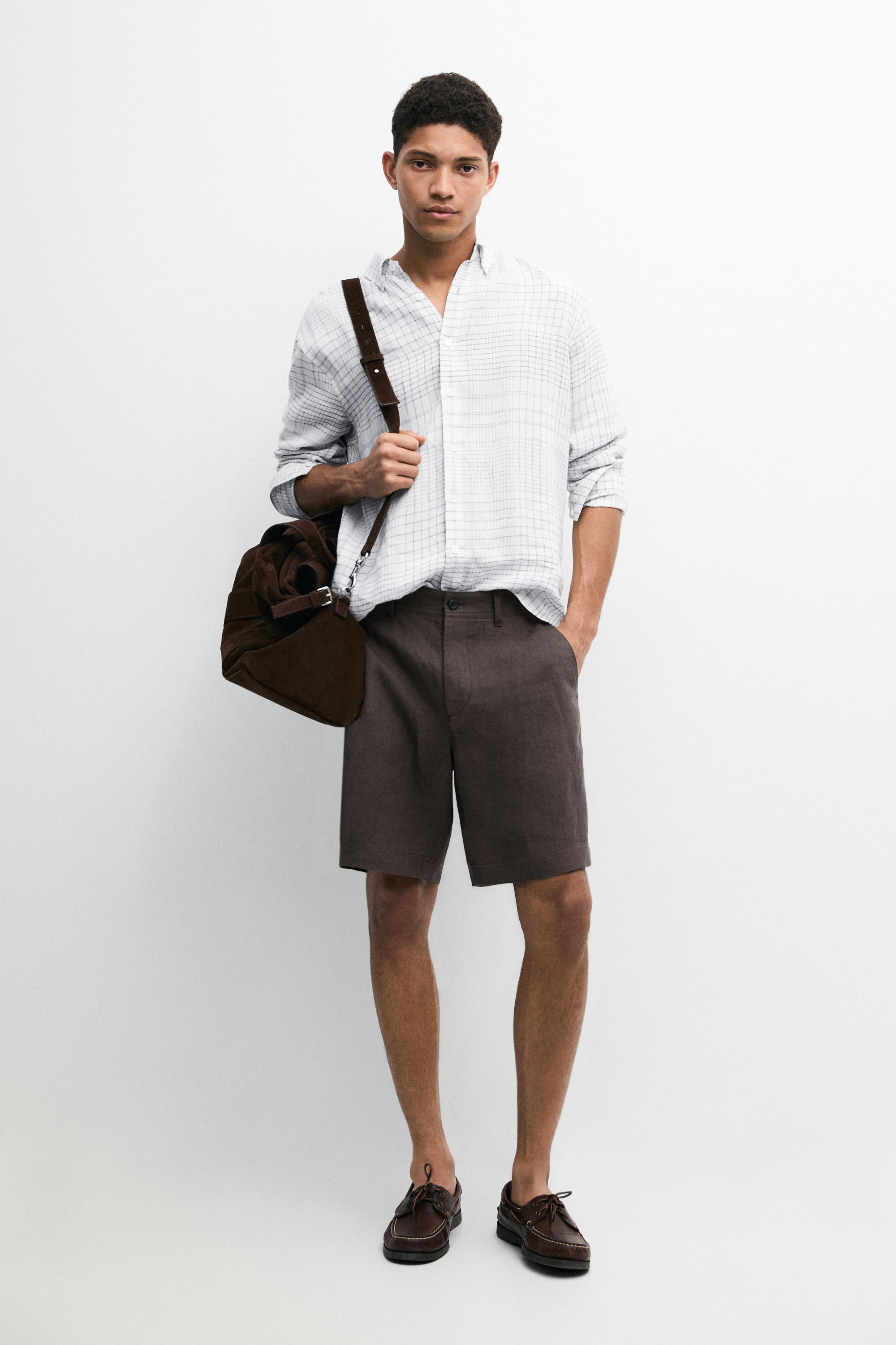 100% linen short Bermuda shorts — BROWN