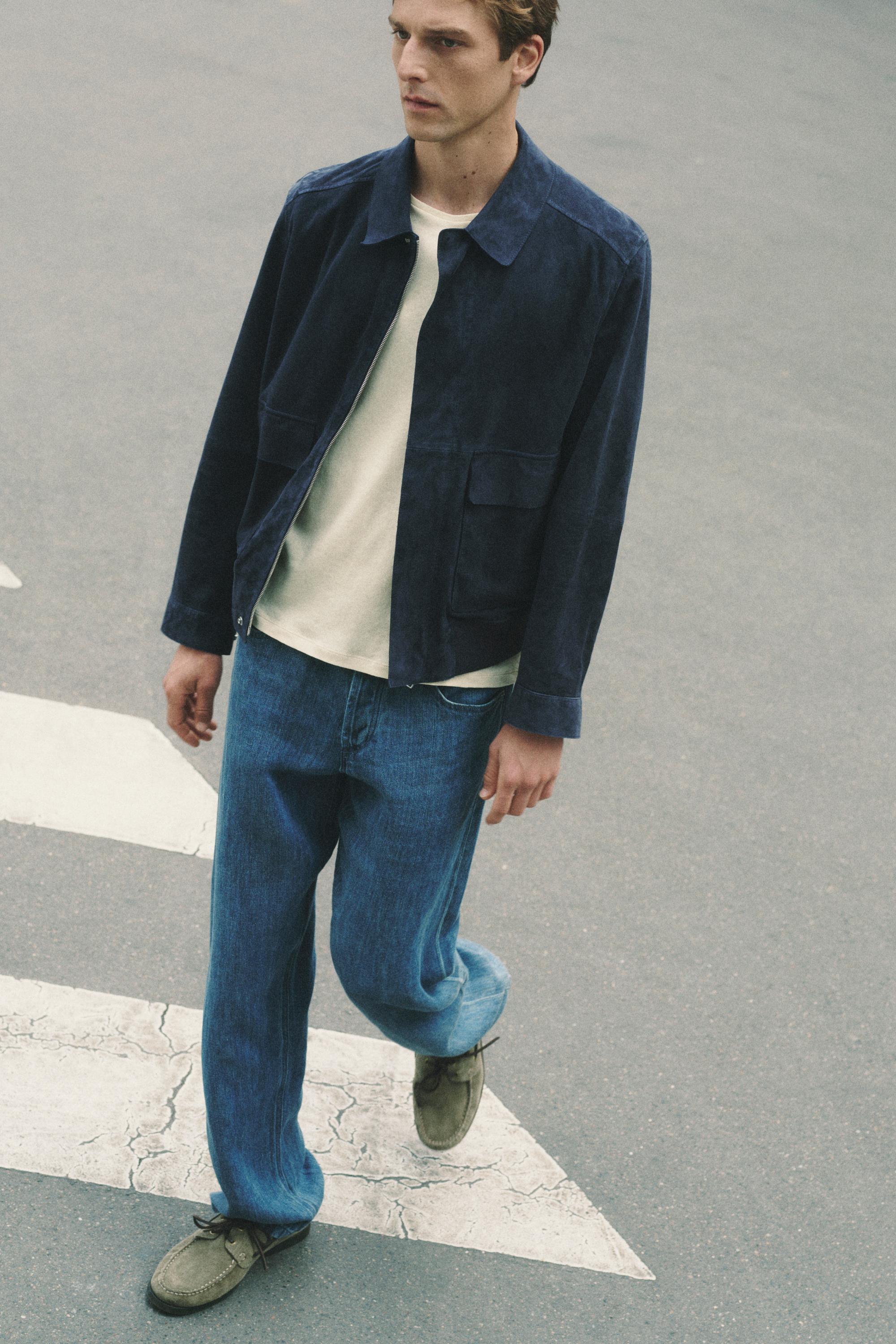 Suede leather jacket with pockets — BLUE