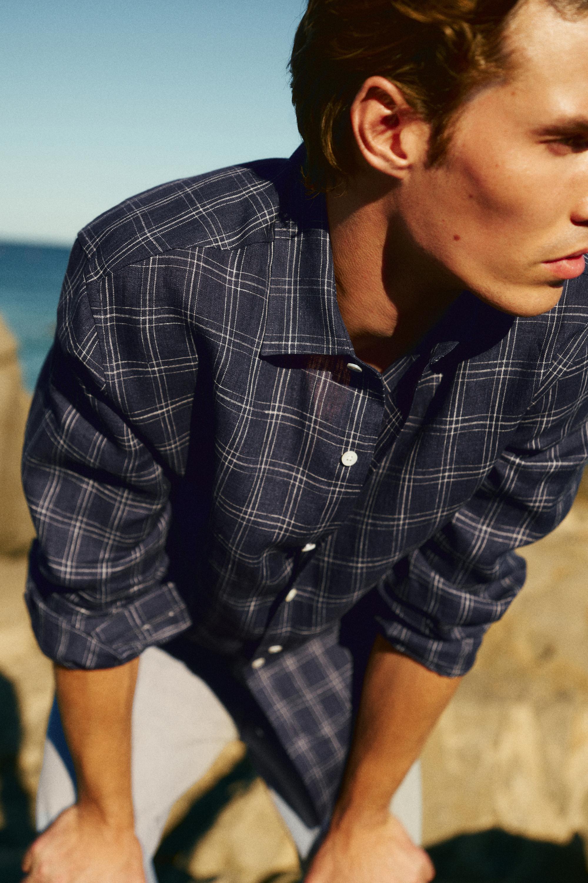 100% linen regular fit check shirt — DARK BLUE