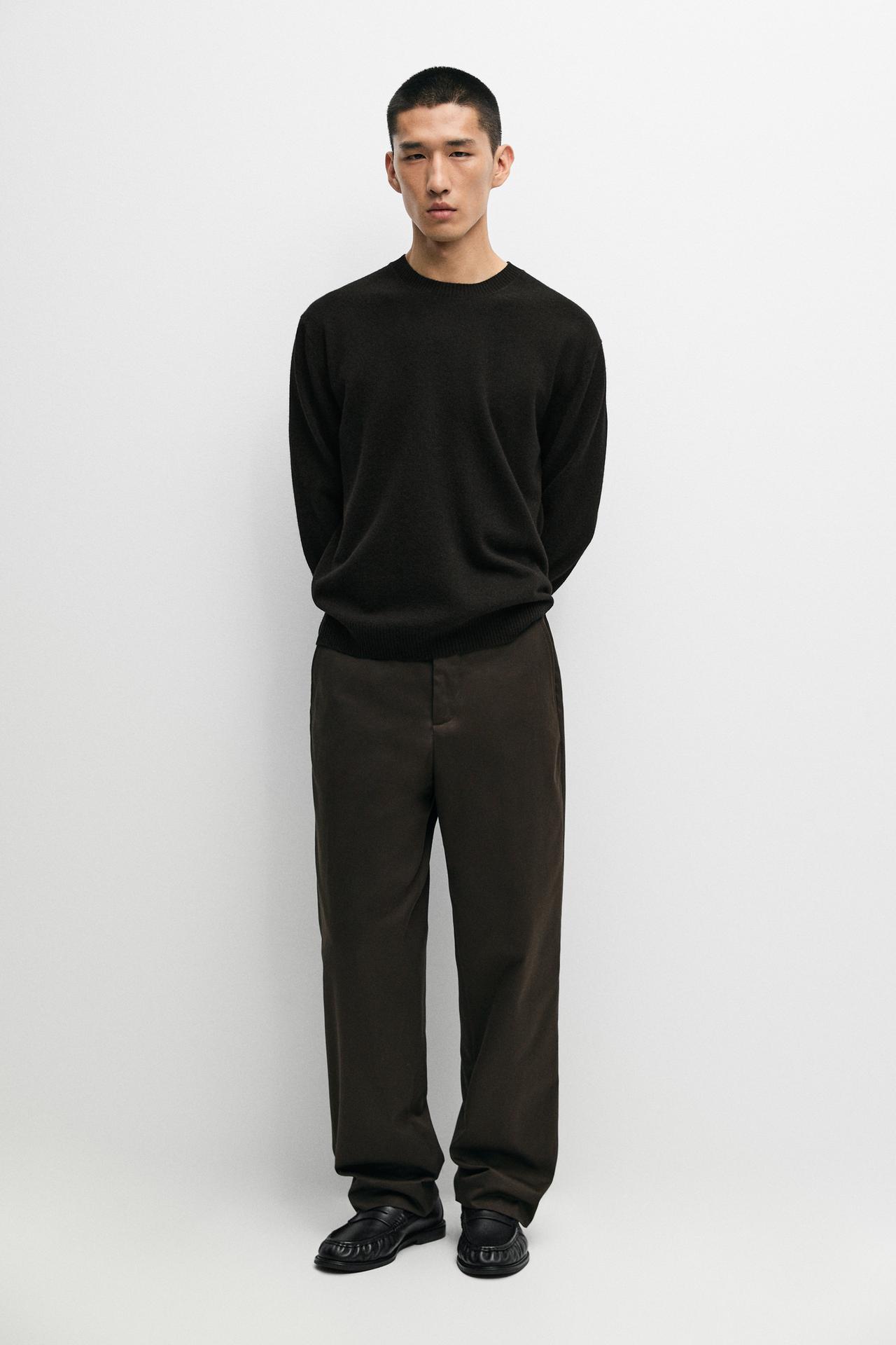 Wool blend round neck knit sweater — BLACK