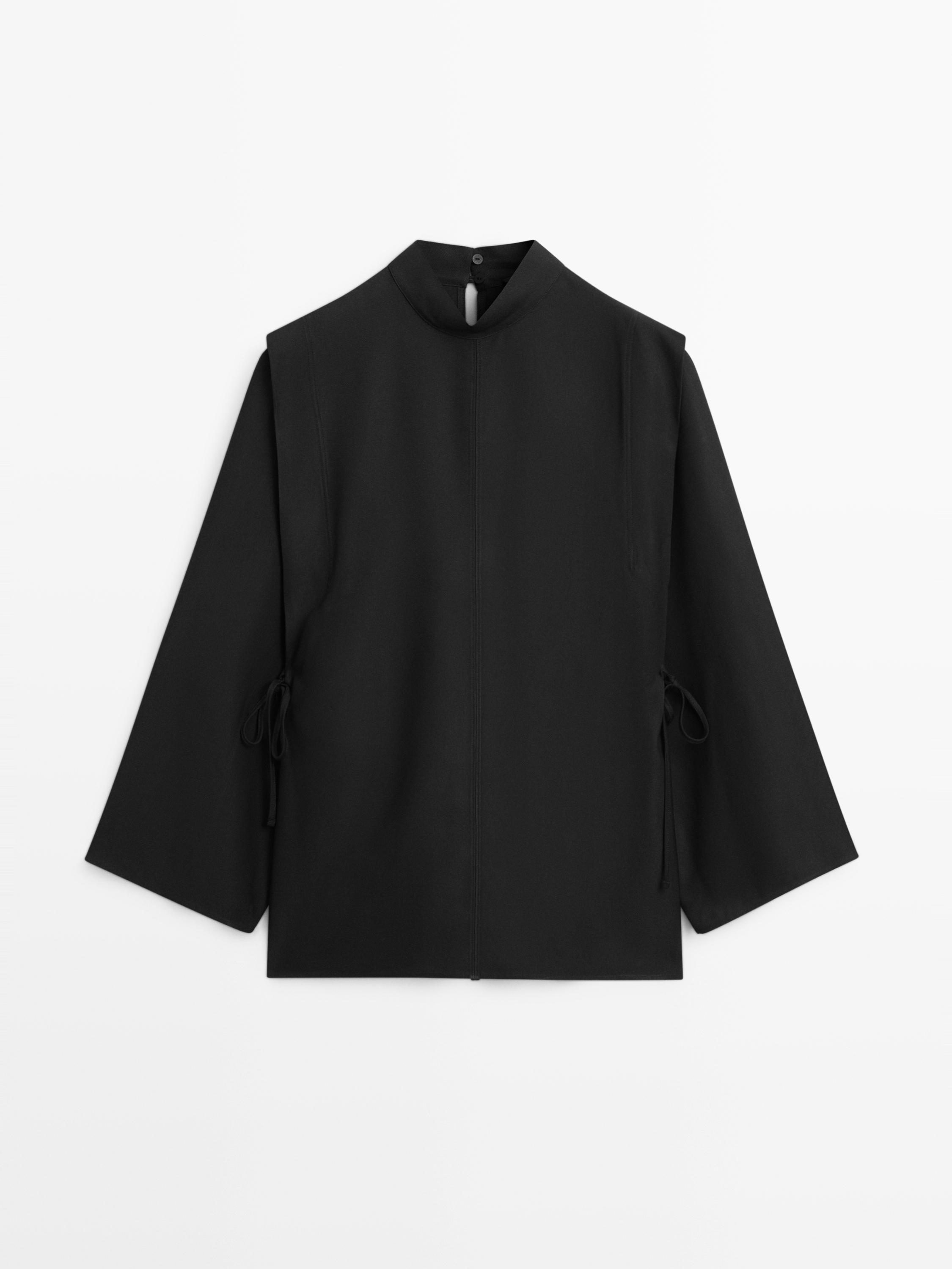 Mock turtleneck shirt with tie details — BLACK