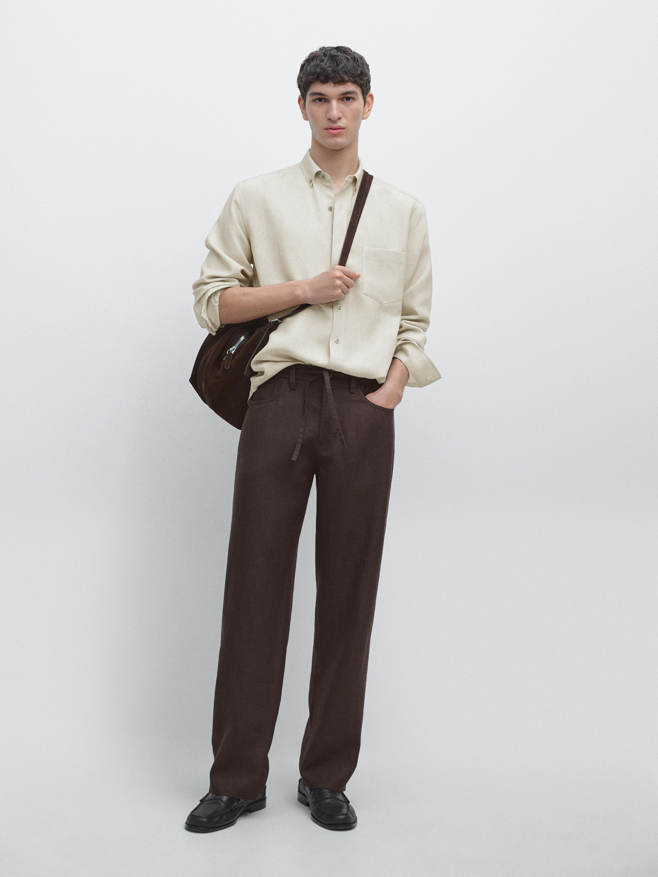 Linen jogger fit trousers — BROWN