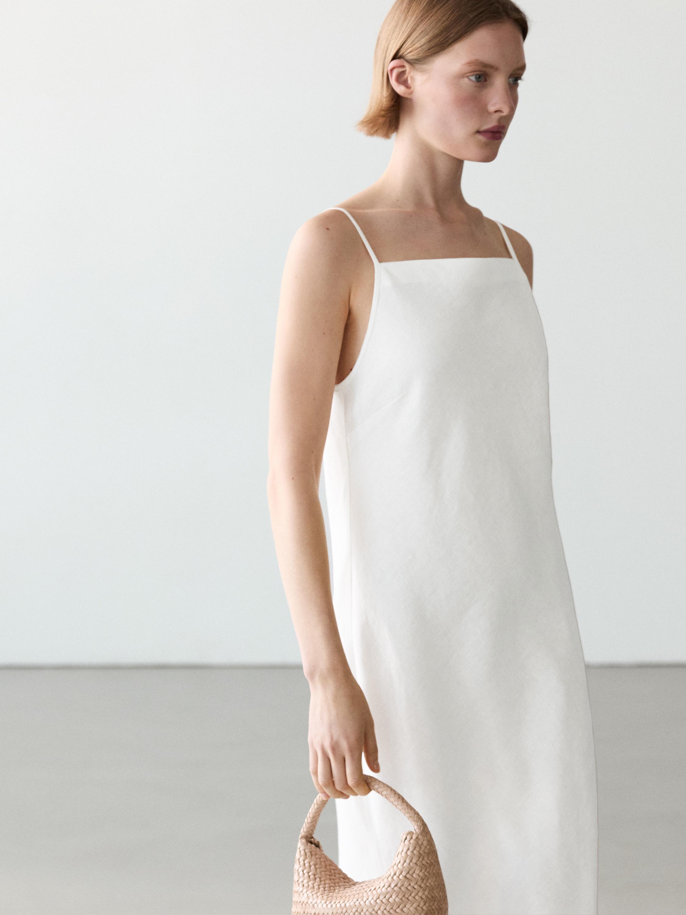 100% linen midi dress with straight neckline — WHITE