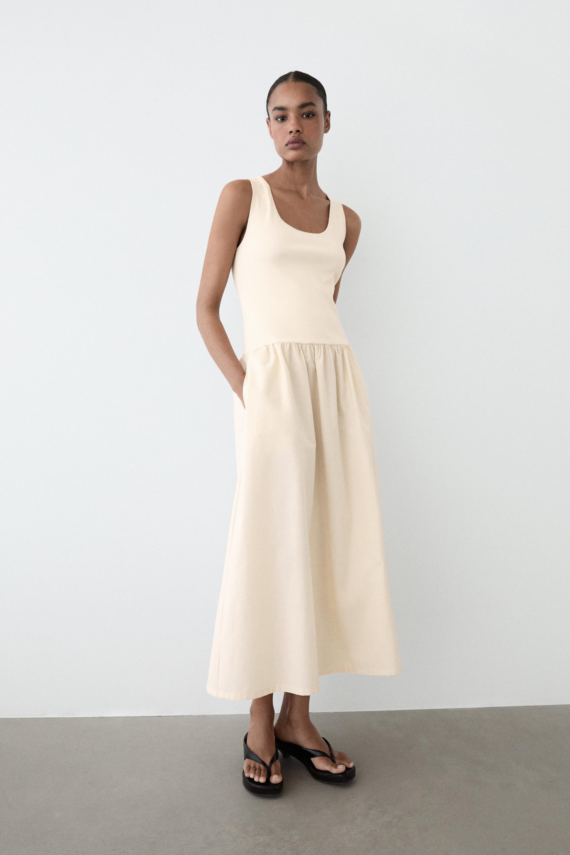 Cotton blend dress with contrast poplin — Vanilla