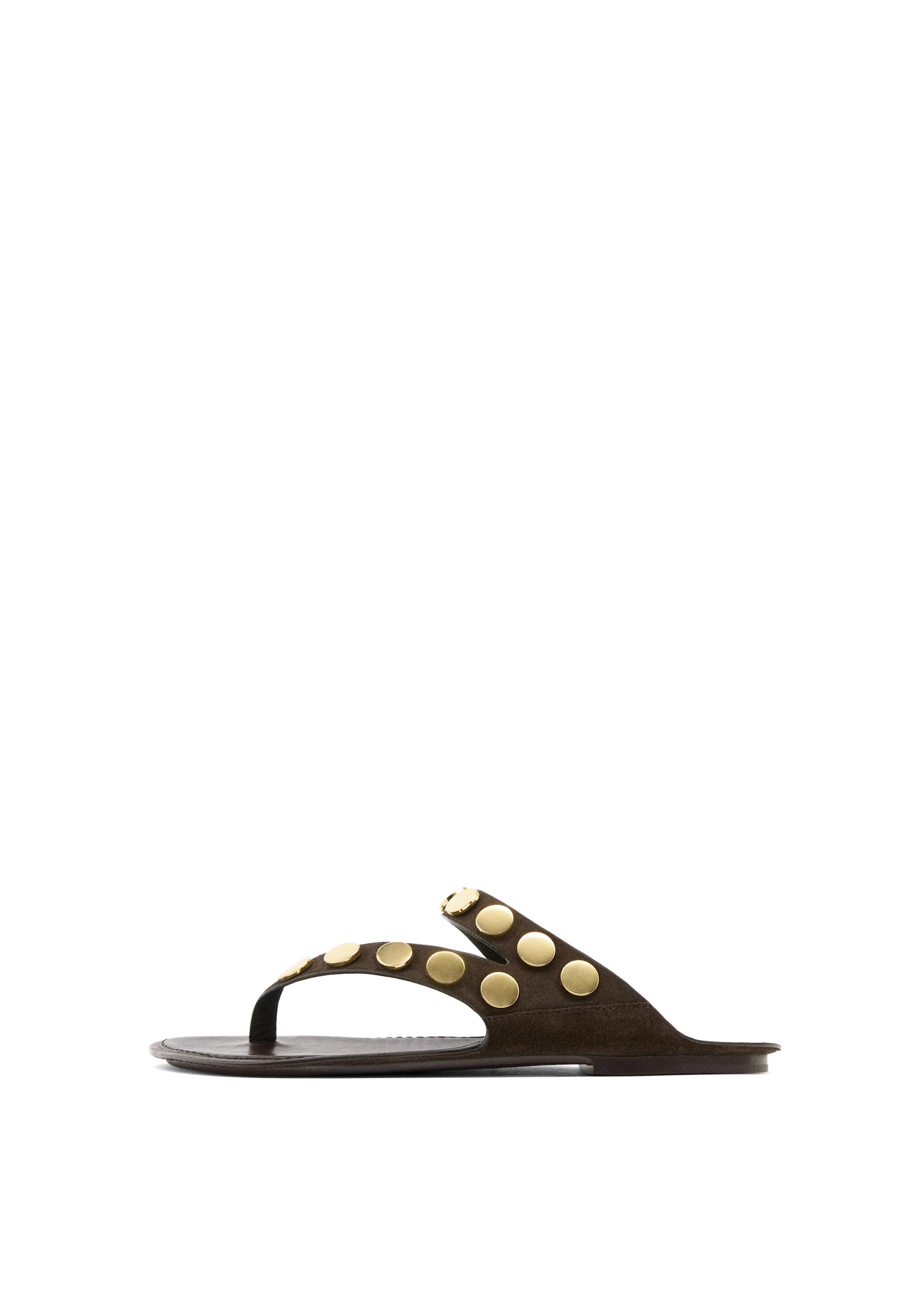 Metallic studded flat sandals — BROWN