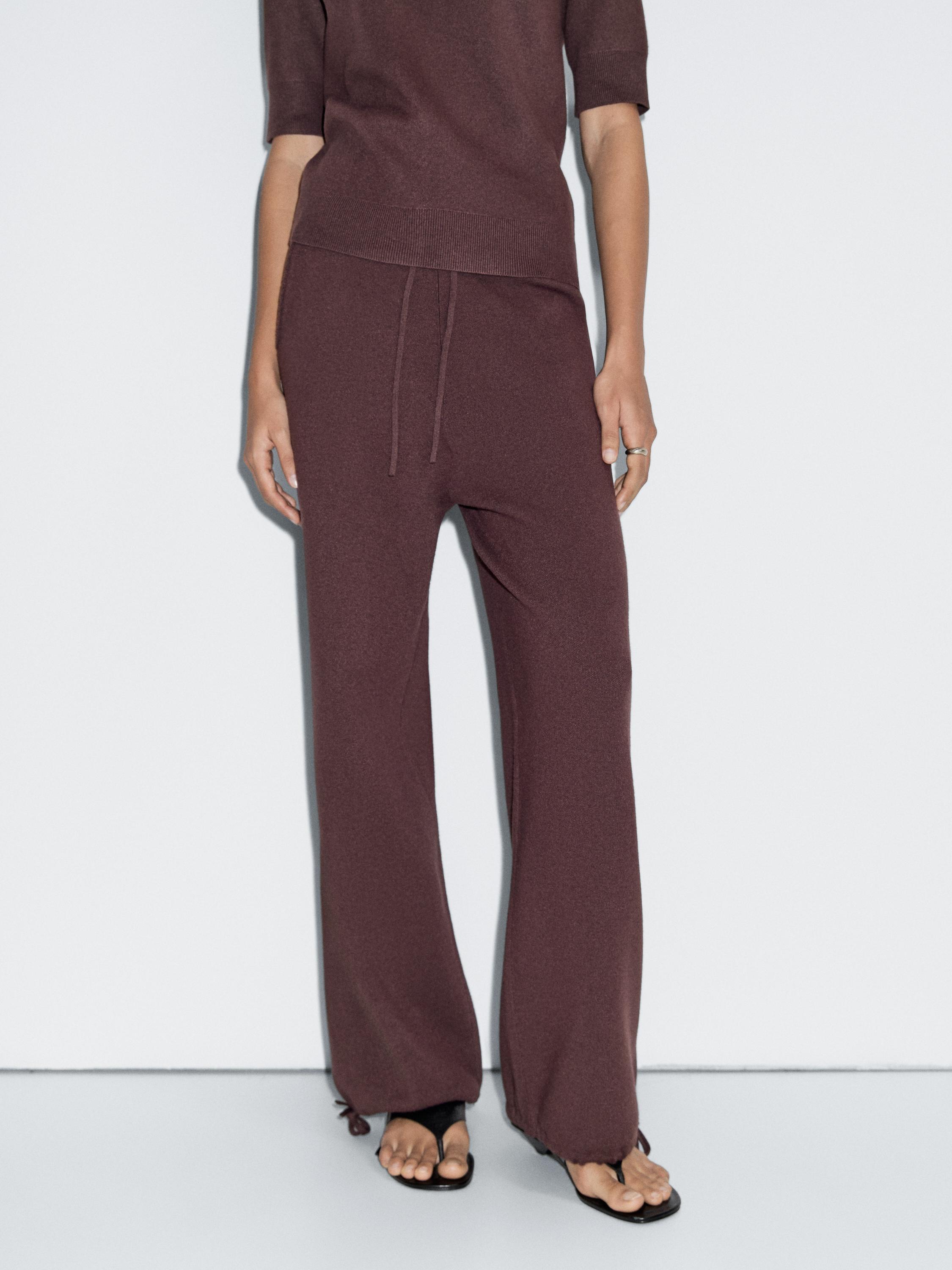 بنطلون محبوك بساق عريضة وتفصيل برباط